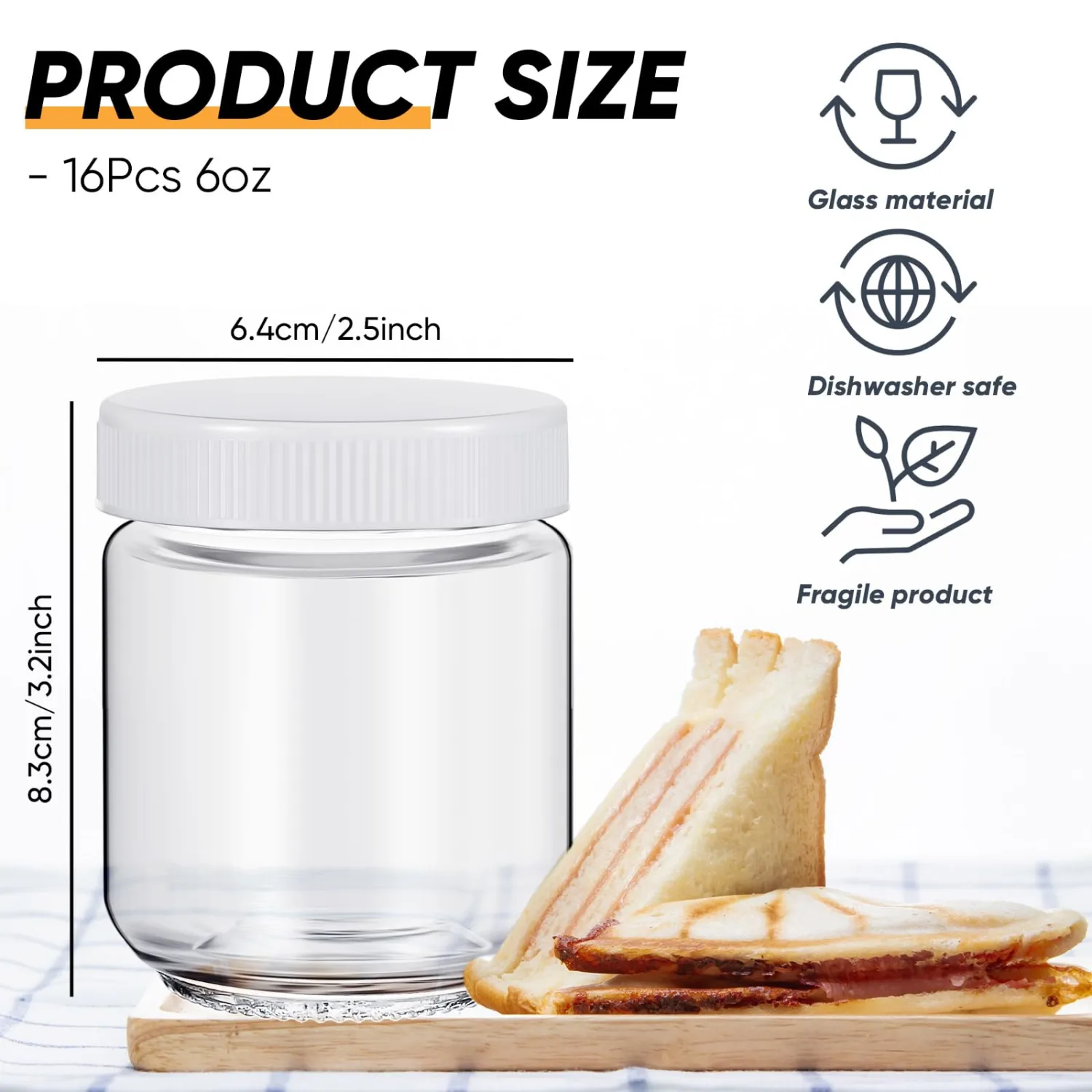 Baderke 16 pcs Clear Glass Jars with Plastic Lids for Yogurt Maker Reusable Glass Mason Jars Canning Yogurt Container for Greek Machine Jam Spices Herbs Food Storage (6 oz)