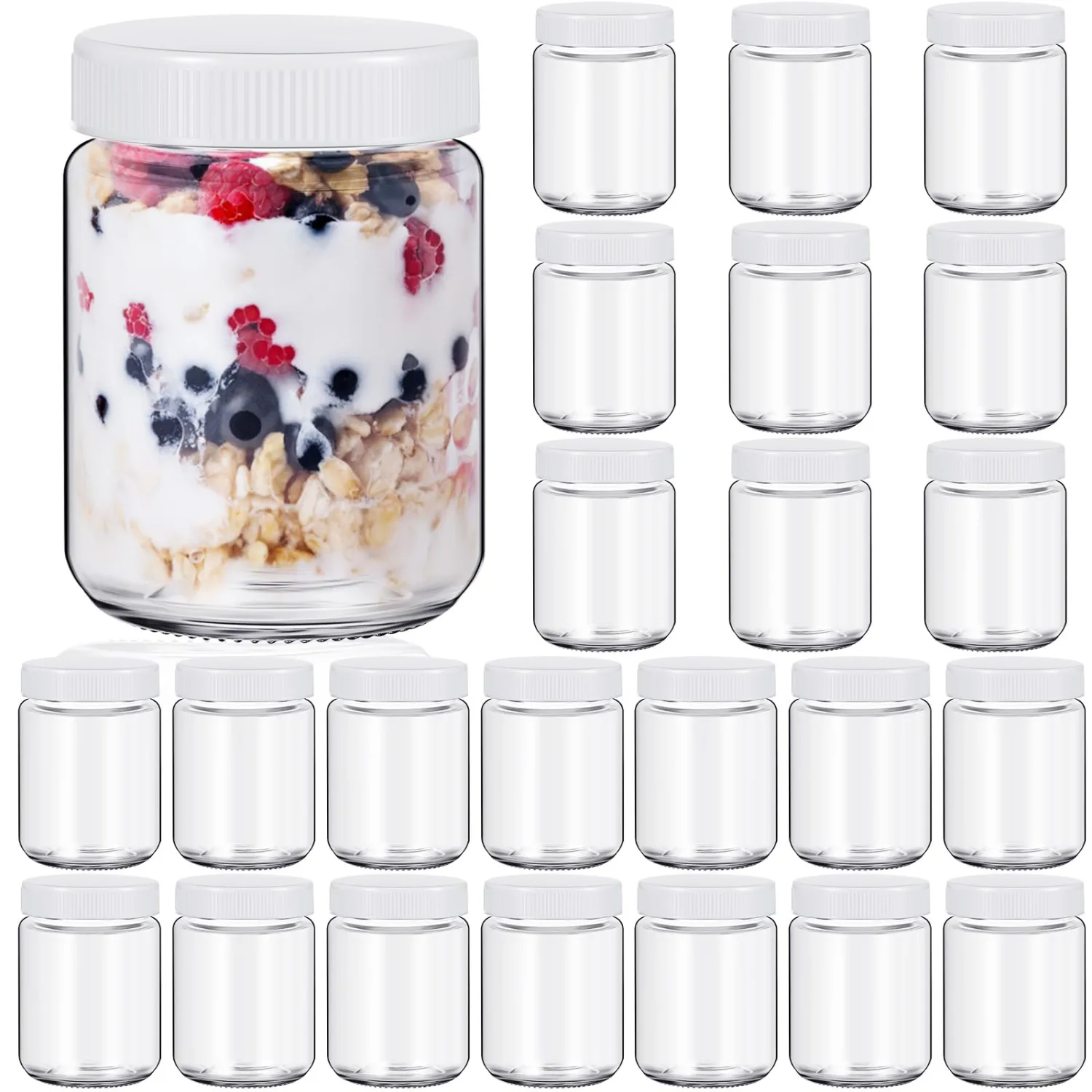 Baderke 24 pcs Clear Glass Jars with Plastic Lids for Yogurt Maker Reusable Glass Mason Jars Canning Yogurt Container for Greek Machine Jam Spices Herbs Food Storage (8 oz)