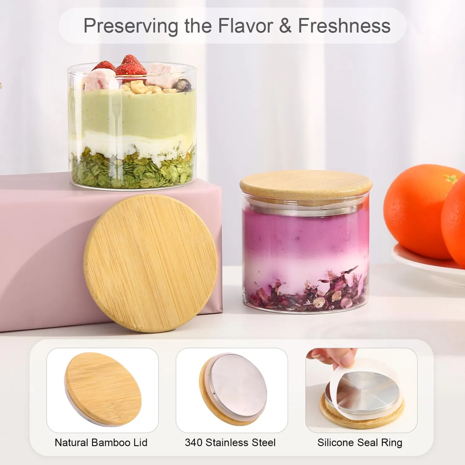 4 Pack Overnight Oats Containers with Bamboo Lids,10 Oz Glass Jars with Airtight Lids for Oats, Cereal, Yogurt, Chia Seed Pudding.Salad Jars Meal Prep