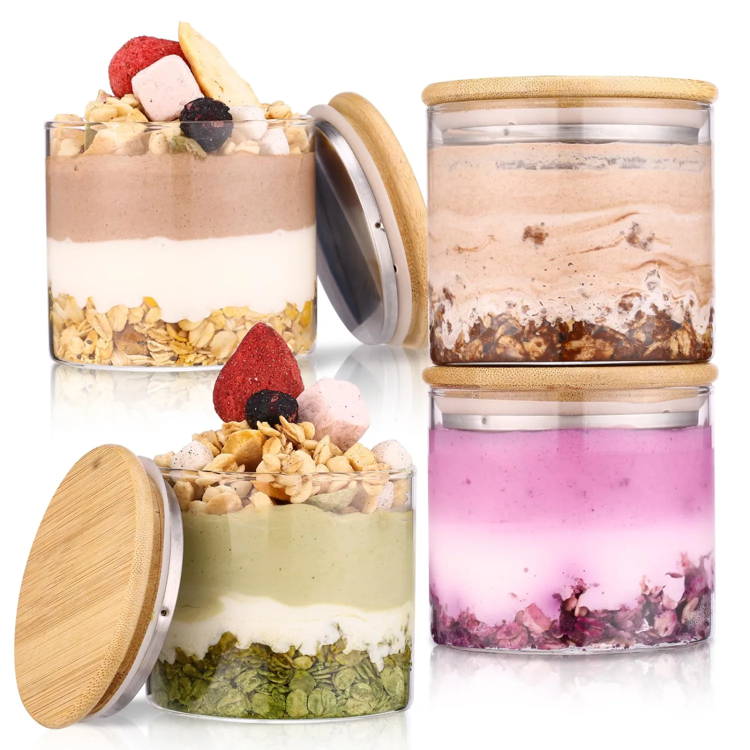 4 Pack Overnight Oats Containers with Bamboo Lids,10 Oz Glass Jars with Airtight Lids for Oats, Cereal, Yogurt, Chia Seed Pudding.Salad Jars Meal Prep