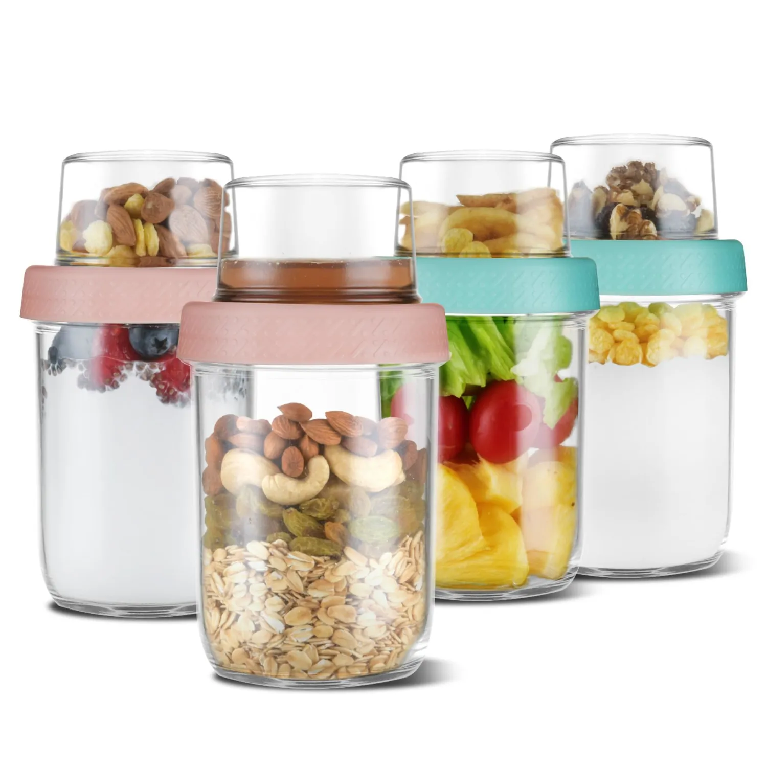 4oz 16 oz Glass Overnight Oats Containers with Lids 4Pack, Yogurt Parfait Cups with Dry and Wet Separation, Breakfast Prep Bowl for Cereal Nut Fruit Meal, To Take Along Oatmeal Salad Smoothie Snack