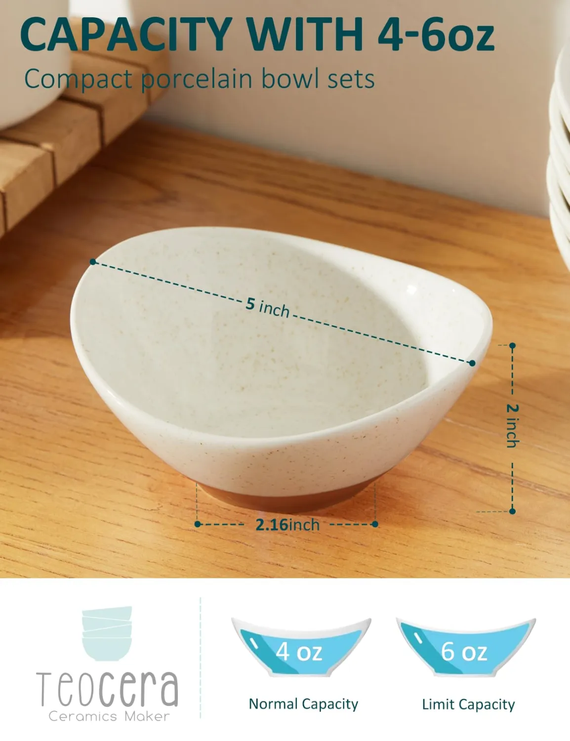 Teocera 5 Inch Porcelain Small Bowls Set, 6 Ounce small serving bowls for Dessert, Ice Cream, Snack, Dipping, Side Dishes, Microwave & Dishwasher Safe- Beige