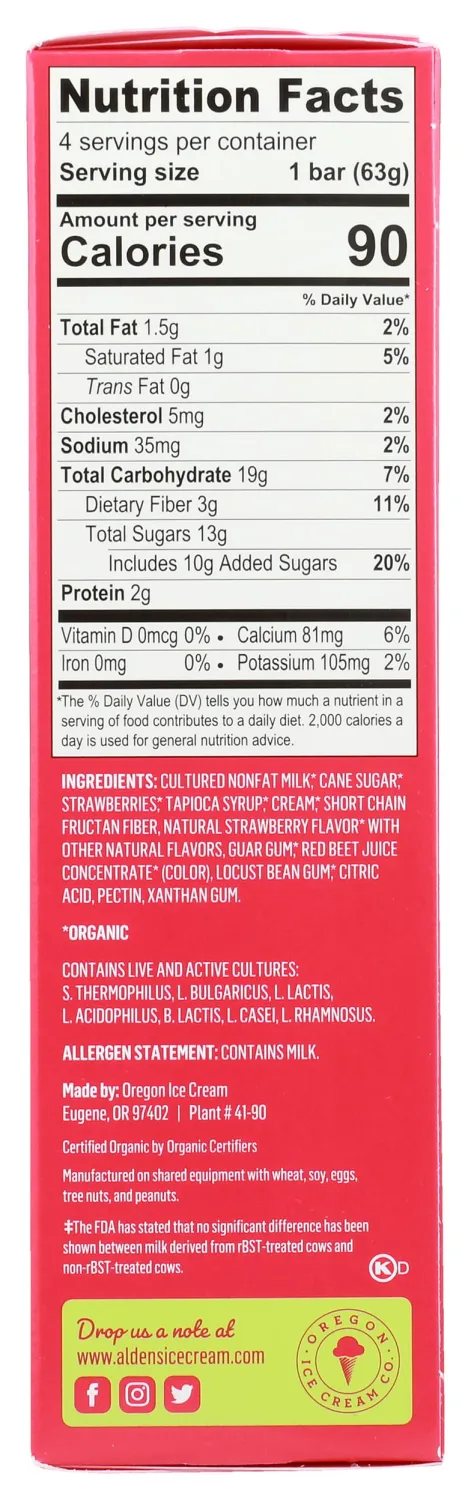Alden's Organic Strawberry Yogurt Bars, 4 ct, 10 fl oz