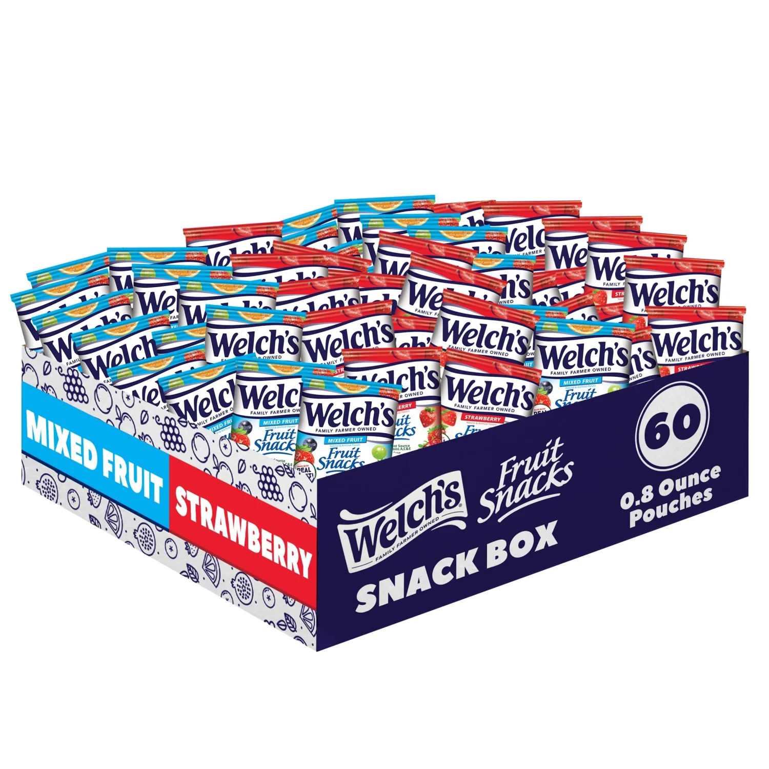 Welch's Fruit Snacks, Mixed Fruit & Strawberry Snack Box, Gluten Free, 0.8oz Snack Packs (Pack of 60)