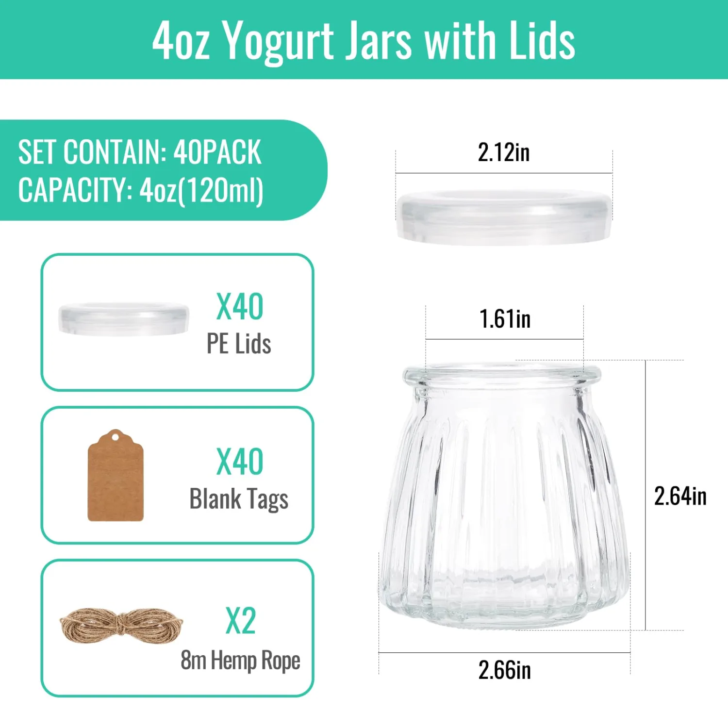 40 Pack 4 oz Mini Glass Jars with PE Lids - Small Yogurt/Pudding Containers for Wedding Favors, Honey, Spices & DIY Crafts (Includes Labels & String)