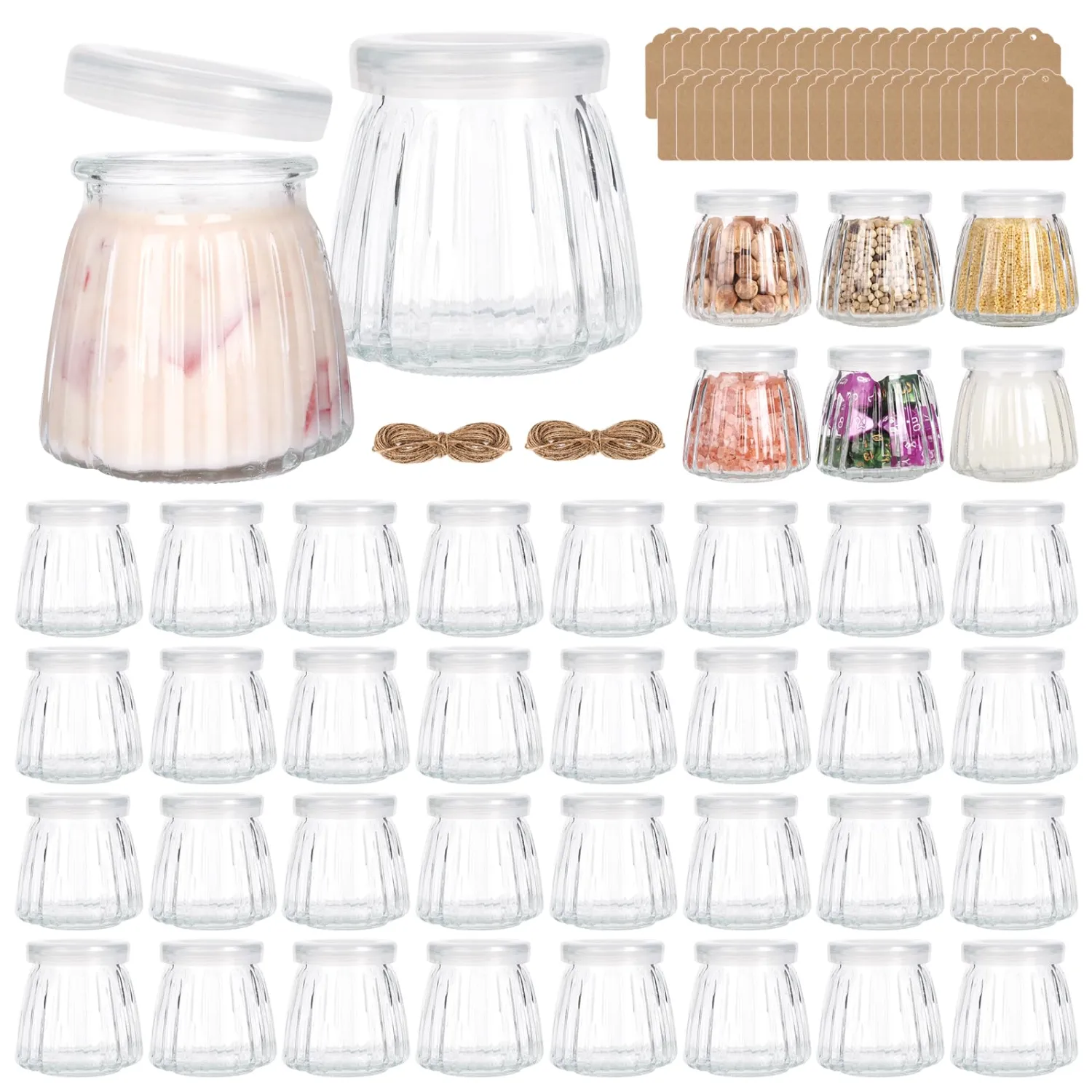 40 Pack 4 oz Mini Glass Jars with PE Lids - Small Yogurt/Pudding Containers for Wedding Favors, Honey, Spices & DIY Crafts (Includes Labels & String)