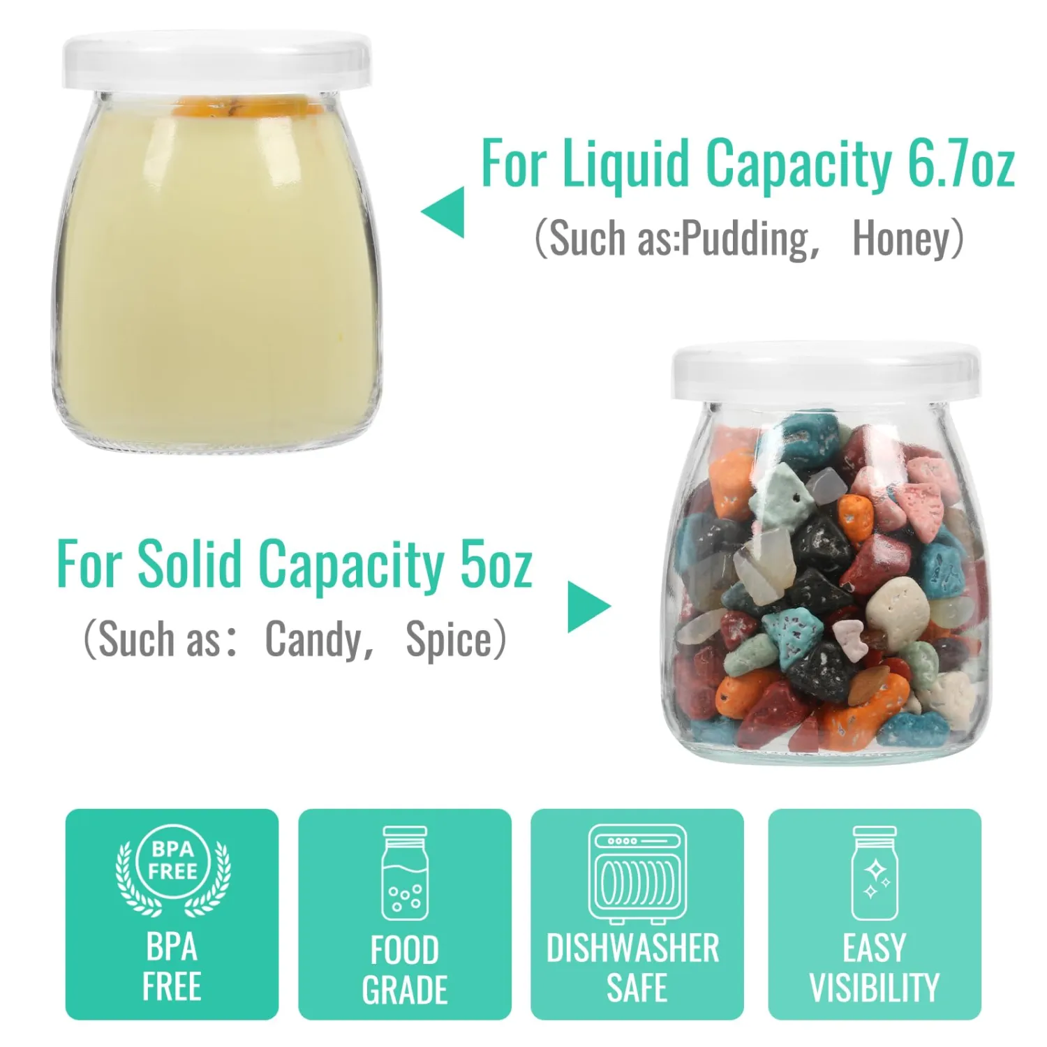 6.7 oz Glass Yogurt Jars 20 Pack with Cork Lids &PE Lids, Container for Candy, Cake, Pudding, Yogurt, Jam, Empty Candle Jars for Candle Making, Extra Tags and String