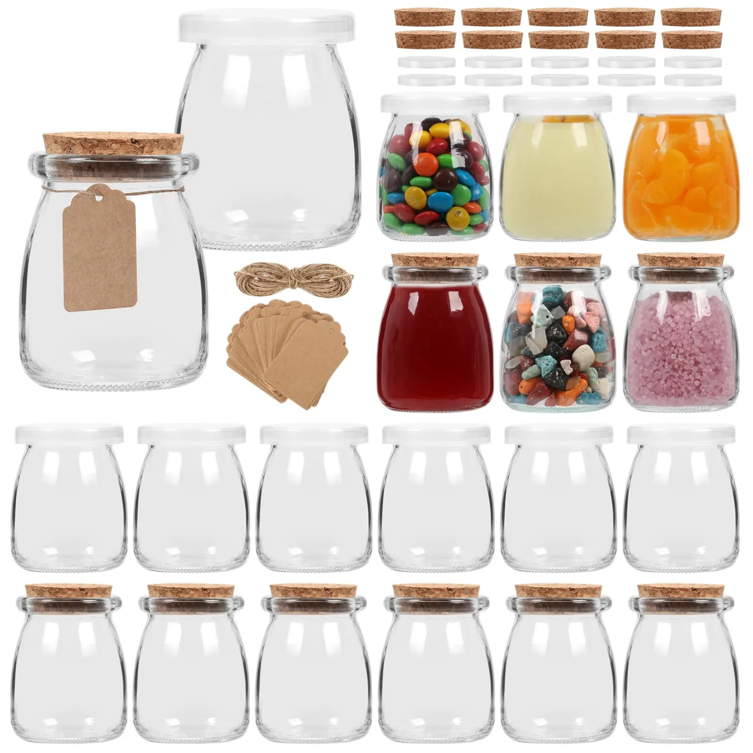 6.7 oz Glass Yogurt Jars 20 Pack with Cork Lids &PE Lids, Container for Candy, Cake, Pudding, Yogurt, Jam, Empty Candle Jars for Candle Making, Extra Tags and String