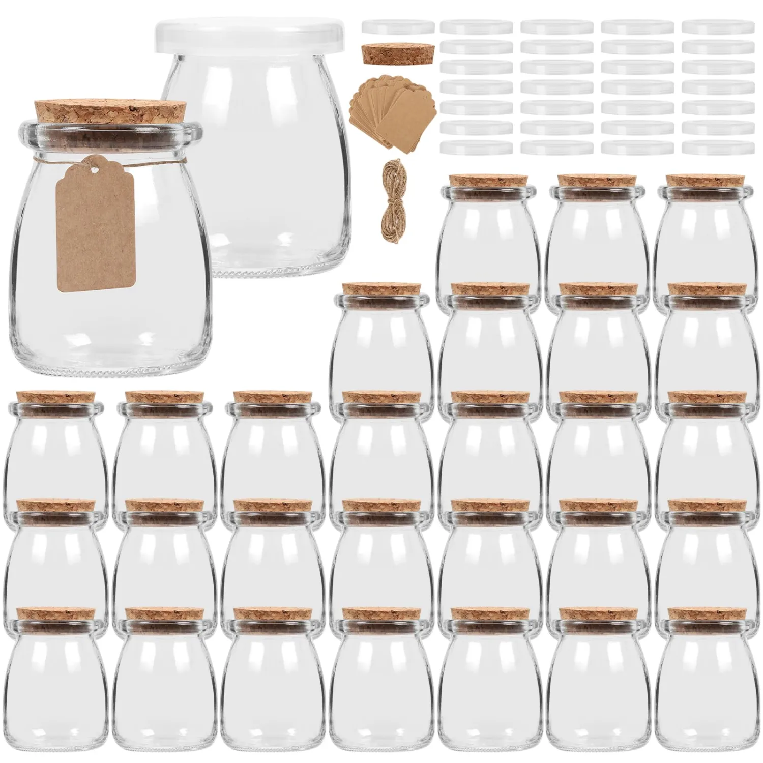 6.7 oz Glass Yogurt Jars 30 Pack with Cork Lids &PE Lids, Container for Candy, Cake, Pudding, Yogurt, Jam, Empty Candle Jars for Candle Making, Extra Tags and String