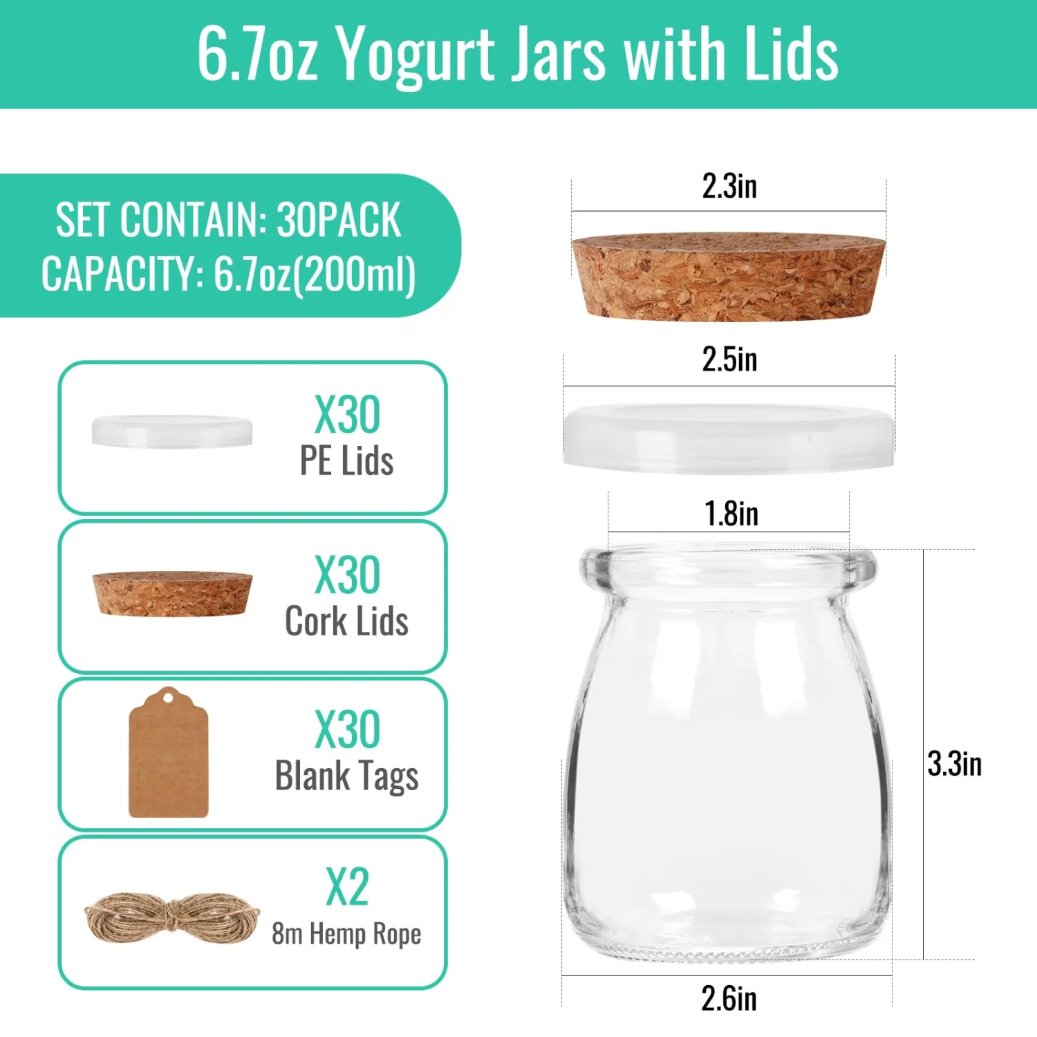 6.7 oz Glass Yogurt Jars 30 Pack with Cork Lids &PE Lids, Container for Candy, Cake, Pudding, Yogurt, Jam, Empty Candle Jars for Candle Making, Extra Tags and String