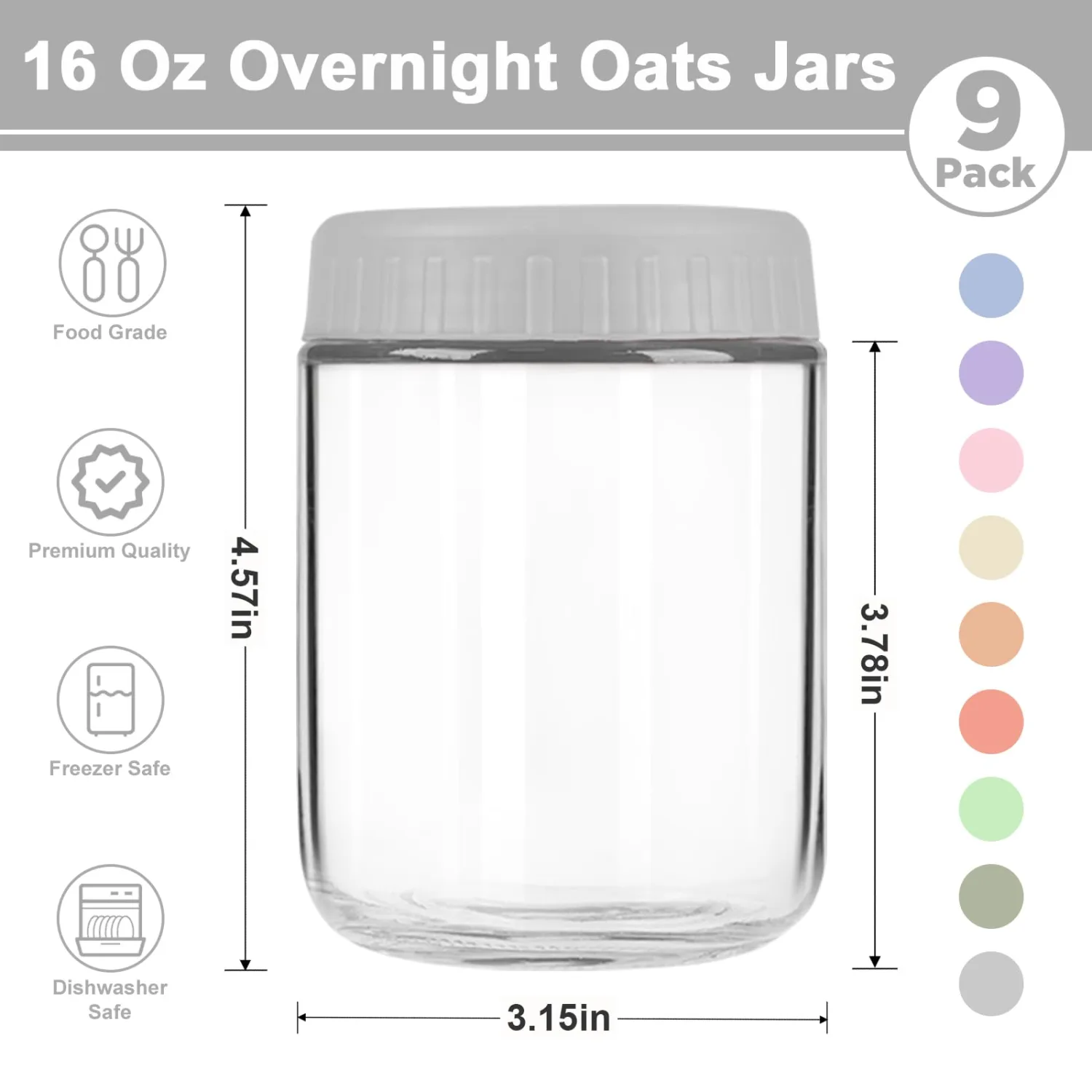 9 Pack Overnight Oats Containers with Lids, 16 oz Mason Jars with Airtight Lids, Wide Mouth Meal Prep Food Storage Glass Containers for Yogurt Salad Chia Pudding Oatmeal Snack Breakfast-Gray