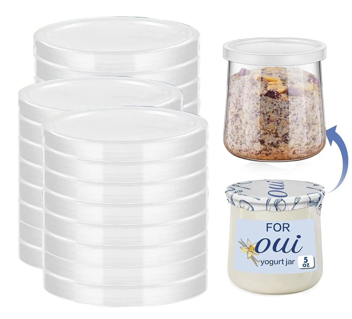 15PCS Oui Yogurt Jar Lids, Clear Plastic Container Lids for Oui Yogurt Jars, Reusable, BPA-Free Polypropylene, Transparent, Round, Microwaveable Glass Jars, and More