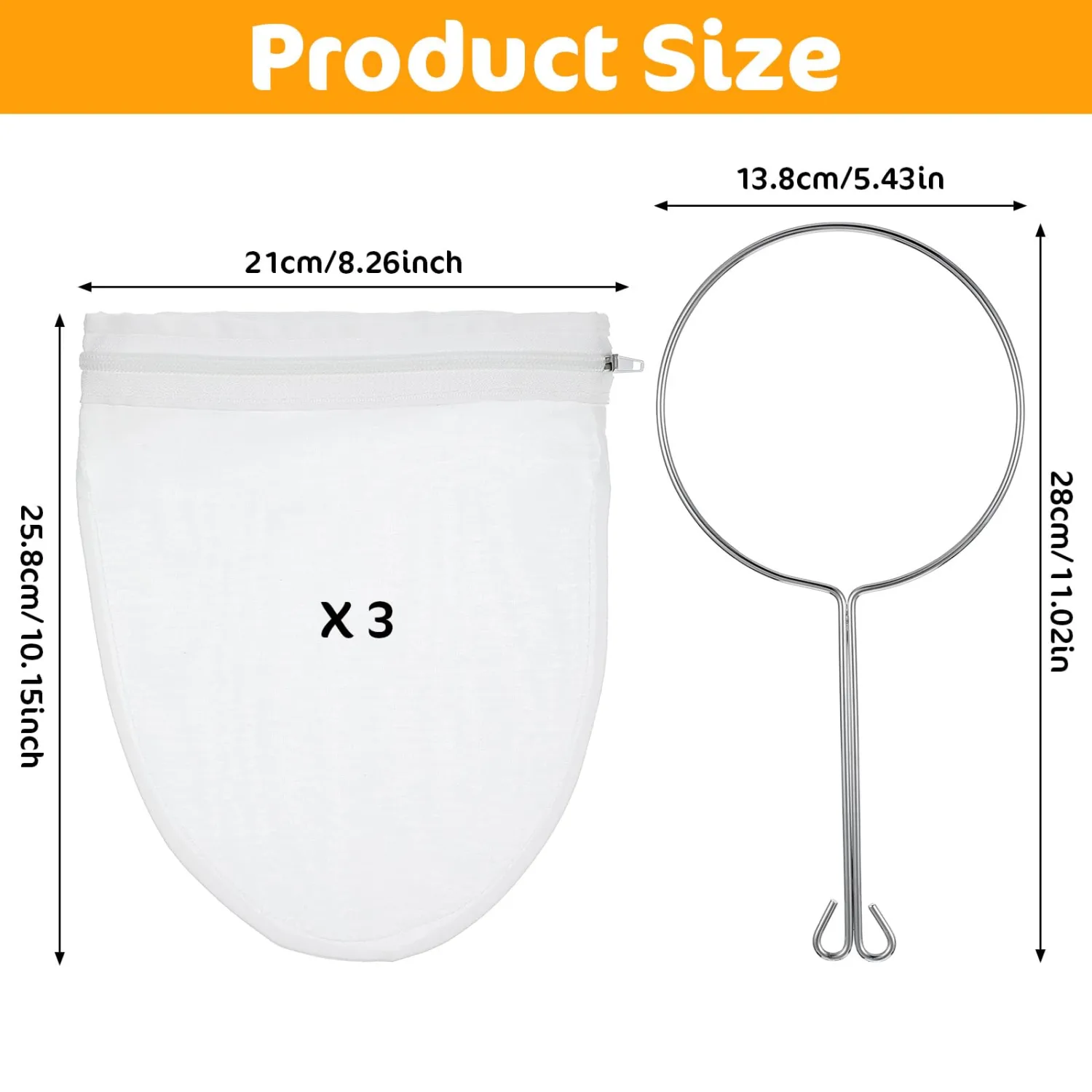 3 Pcs Ultra Fine Mesh Strainer Bags, Reusable Cheese Cloth Bag for Straining with Stainless Steel Handle Reusable Nut Milk Bags for Nut Milk Coffee Juice Yogurt(Small Size)