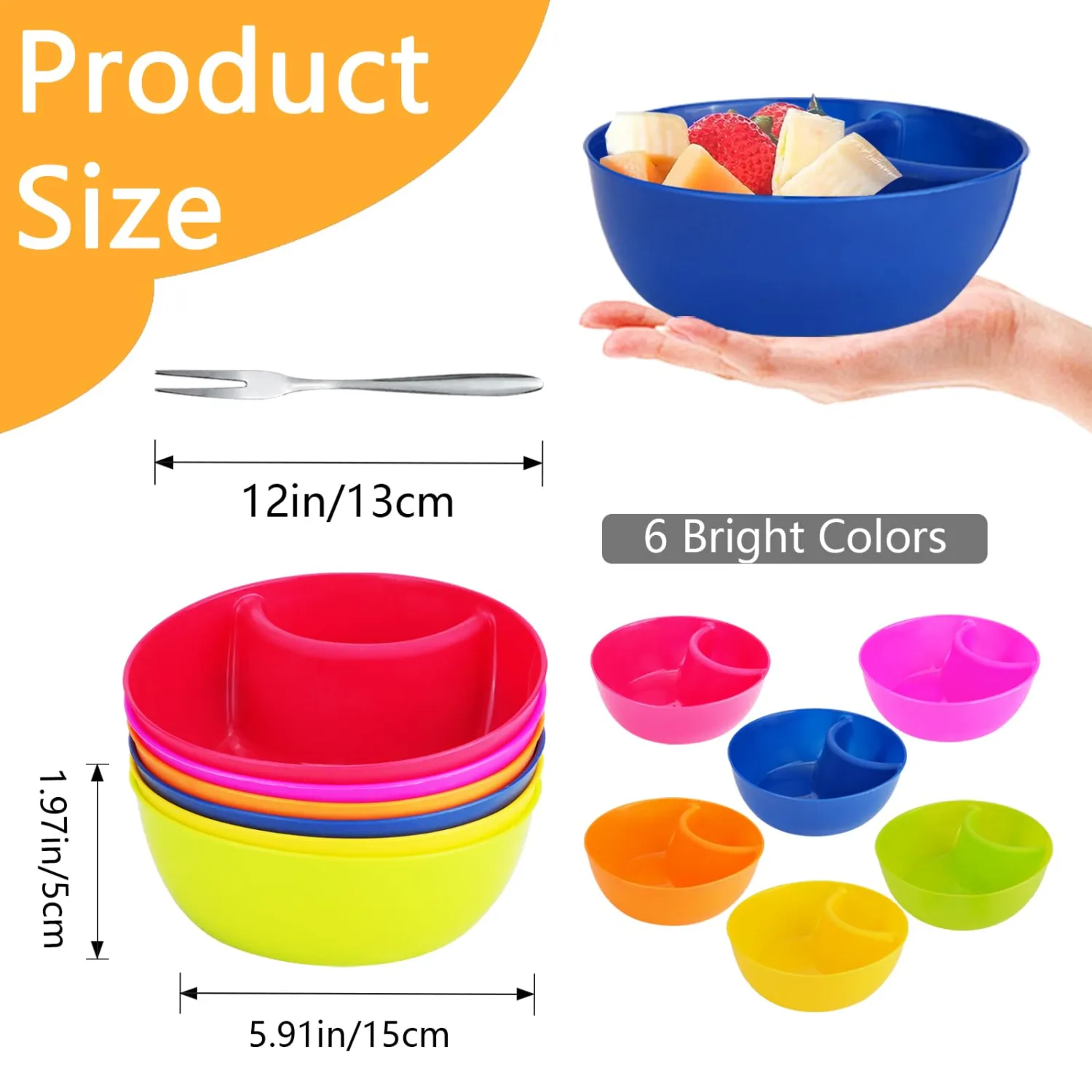 6PCS Snack and Dip Bowl, WCHOSOZH Anti-soggy Cereal Bowls with 6PC Mini Fork, Plastic Chip Serving Dish with Sauce Compartment, Colorful Nut Divided Holder for Ice Cream, Fruit, Salad, Yogurt, Berries
