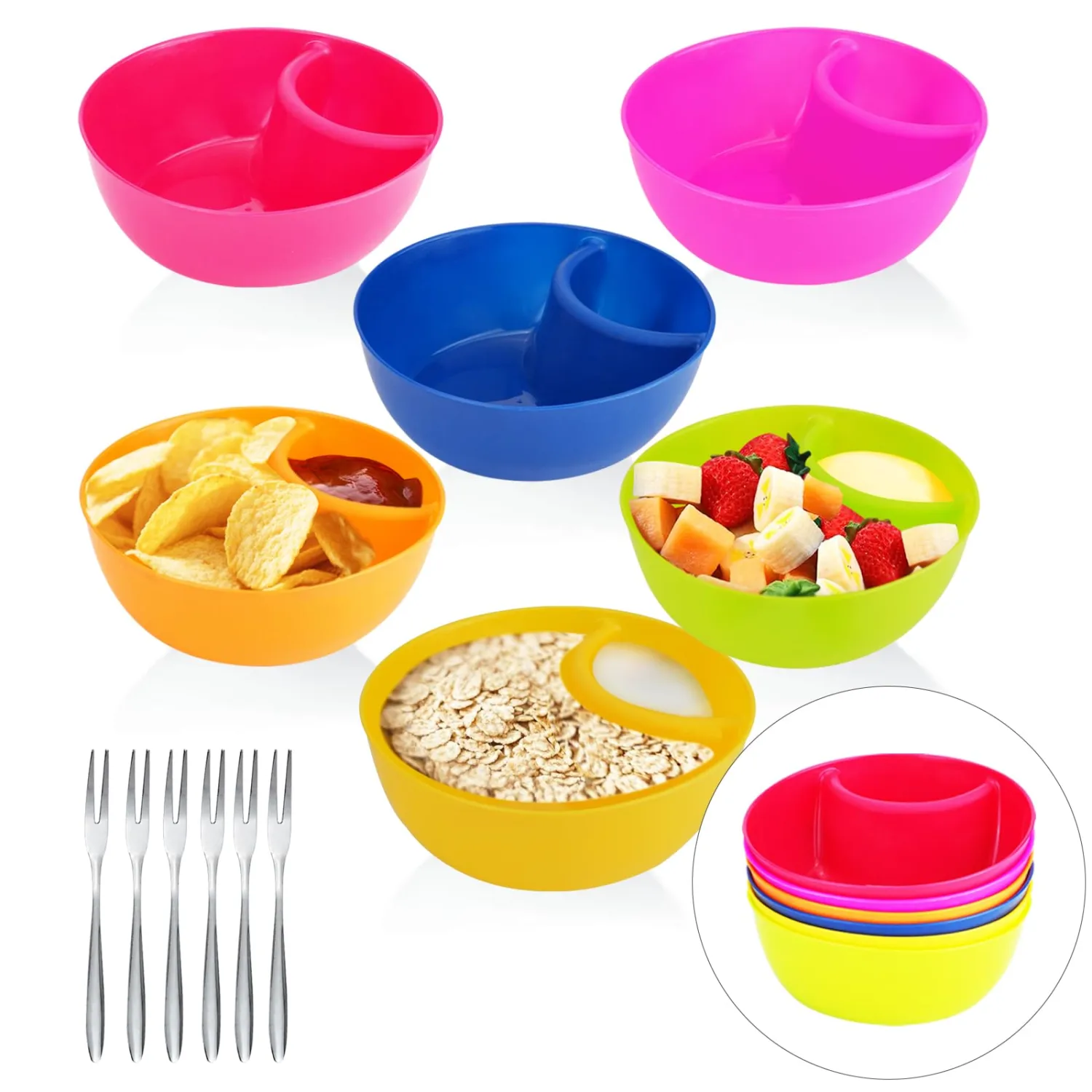 6PCS Snack and Dip Bowl, WCHOSOZH Anti-soggy Cereal Bowls with 6PC Mini Fork, Plastic Chip Serving Dish with Sauce Compartment, Colorful Nut Divided Holder for Ice Cream, Fruit, Salad, Yogurt, Berries