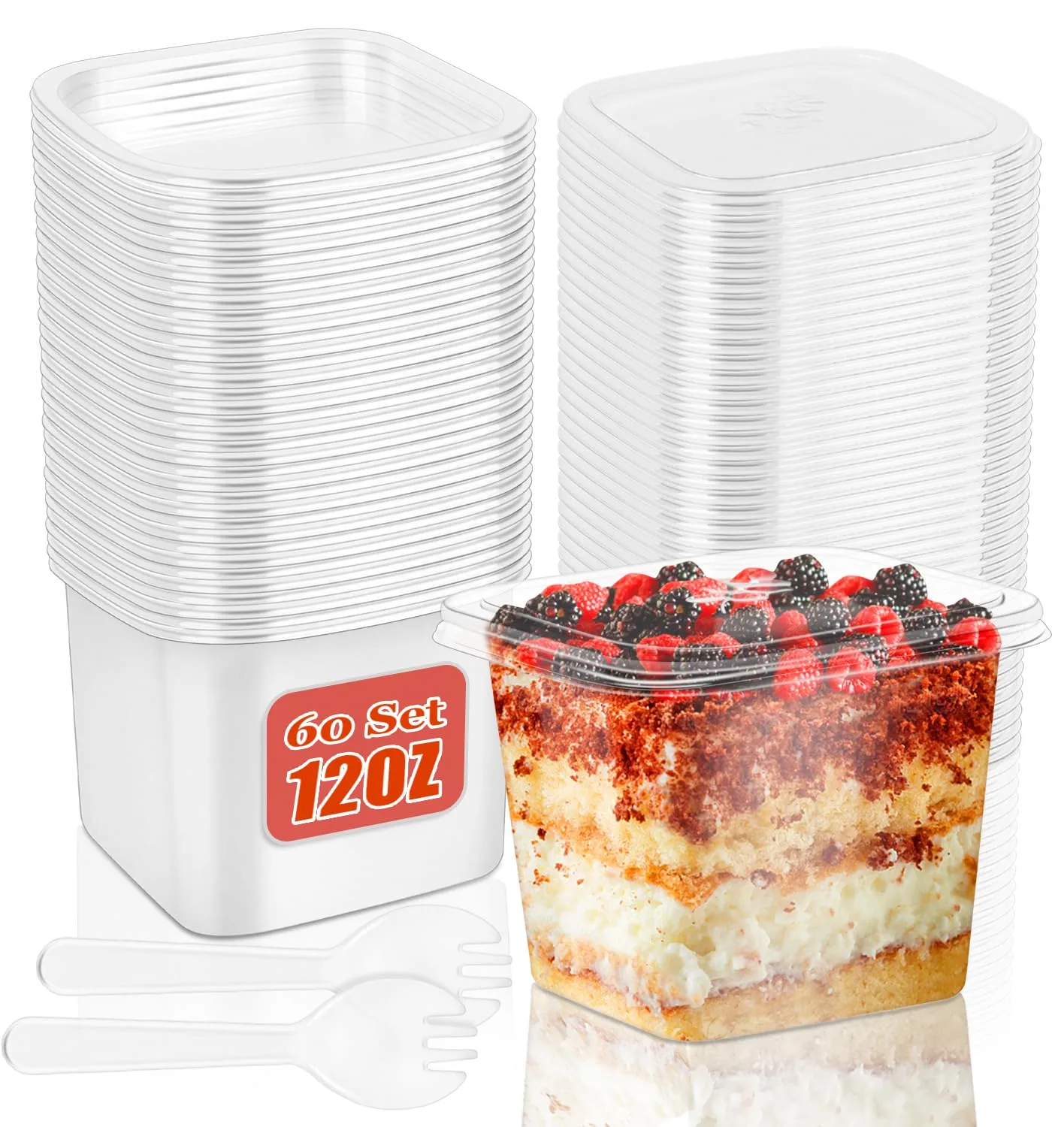 60 Pack 12 oz Plastic Dessert Cups with Lids and Spoons, Disposable Clear Dessert Containers, Cake Cups with Lids for Tiramisu, Parfait, Mousse, Pudding, Fruit, Yogurt, Ice Cream
