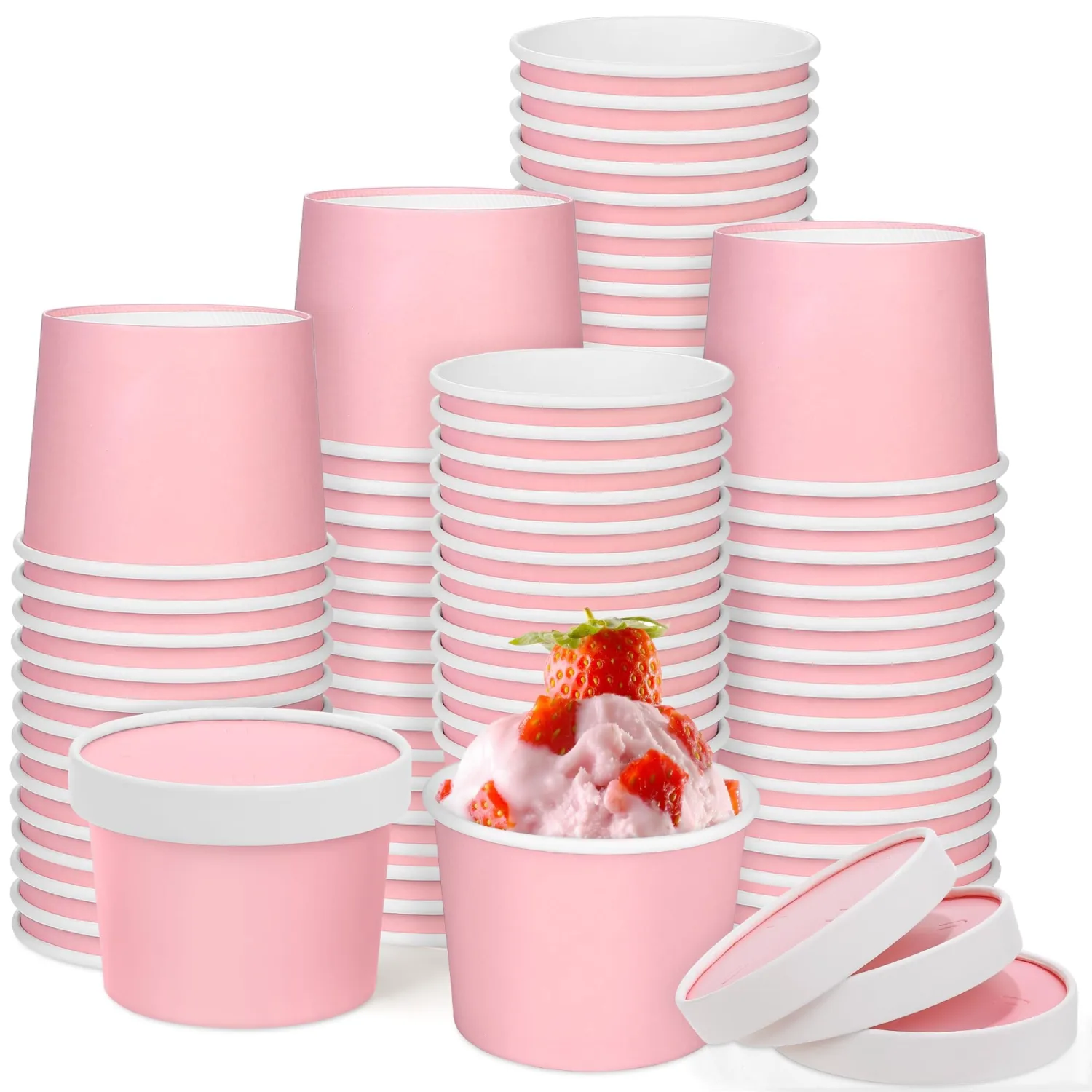 60 Pack 8 Oz Paper Ice Cream Cups with Lids Pink Disposable Dessert Snack Bowls Ice Cream Containers Hot/Cold Safe for Sundae, Frozen Yogurt & Party Supplies