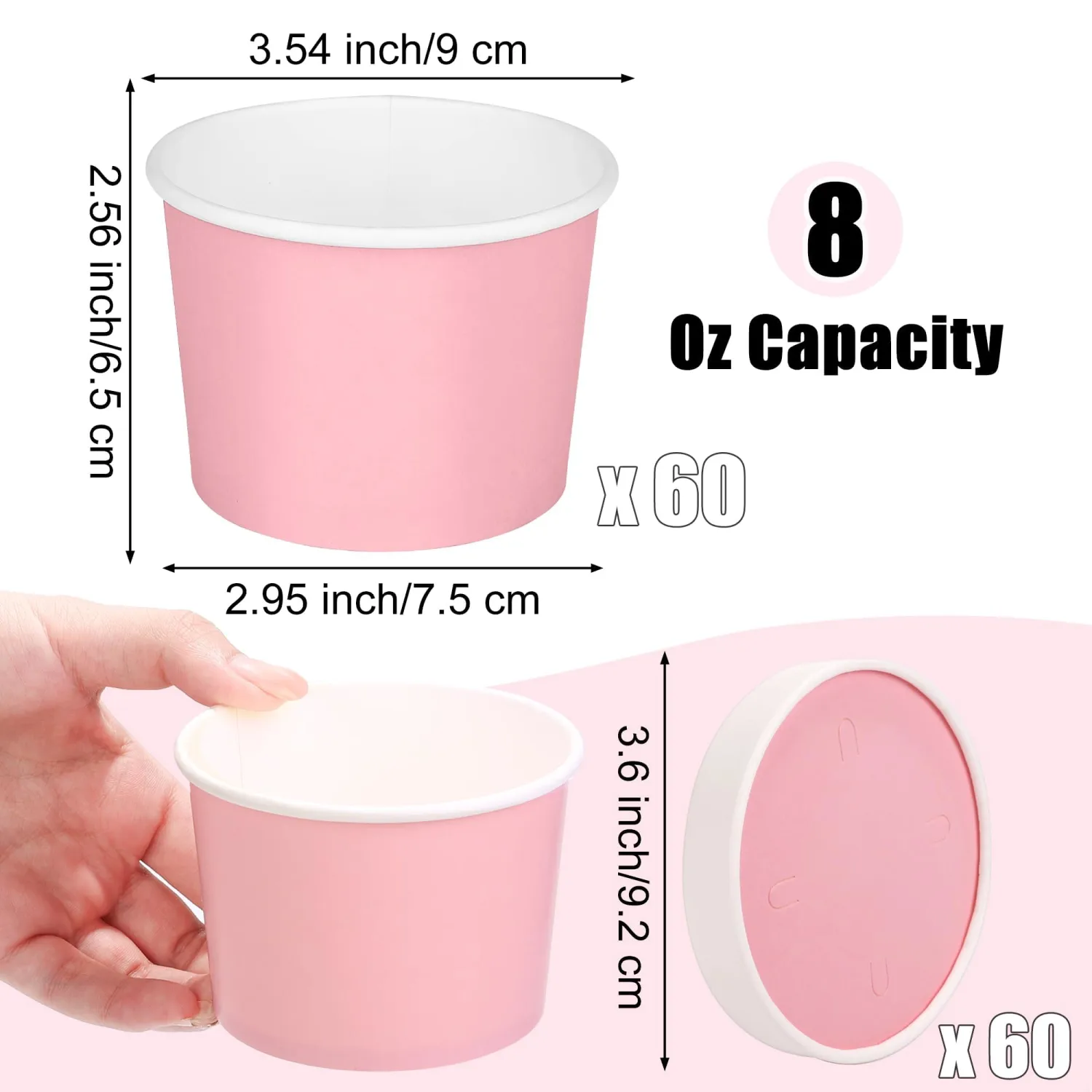 60 Pack 8 Oz Paper Ice Cream Cups with Lids Pink Disposable Dessert Snack Bowls Ice Cream Containers Hot/Cold Safe for Sundae, Frozen Yogurt & Party Supplies