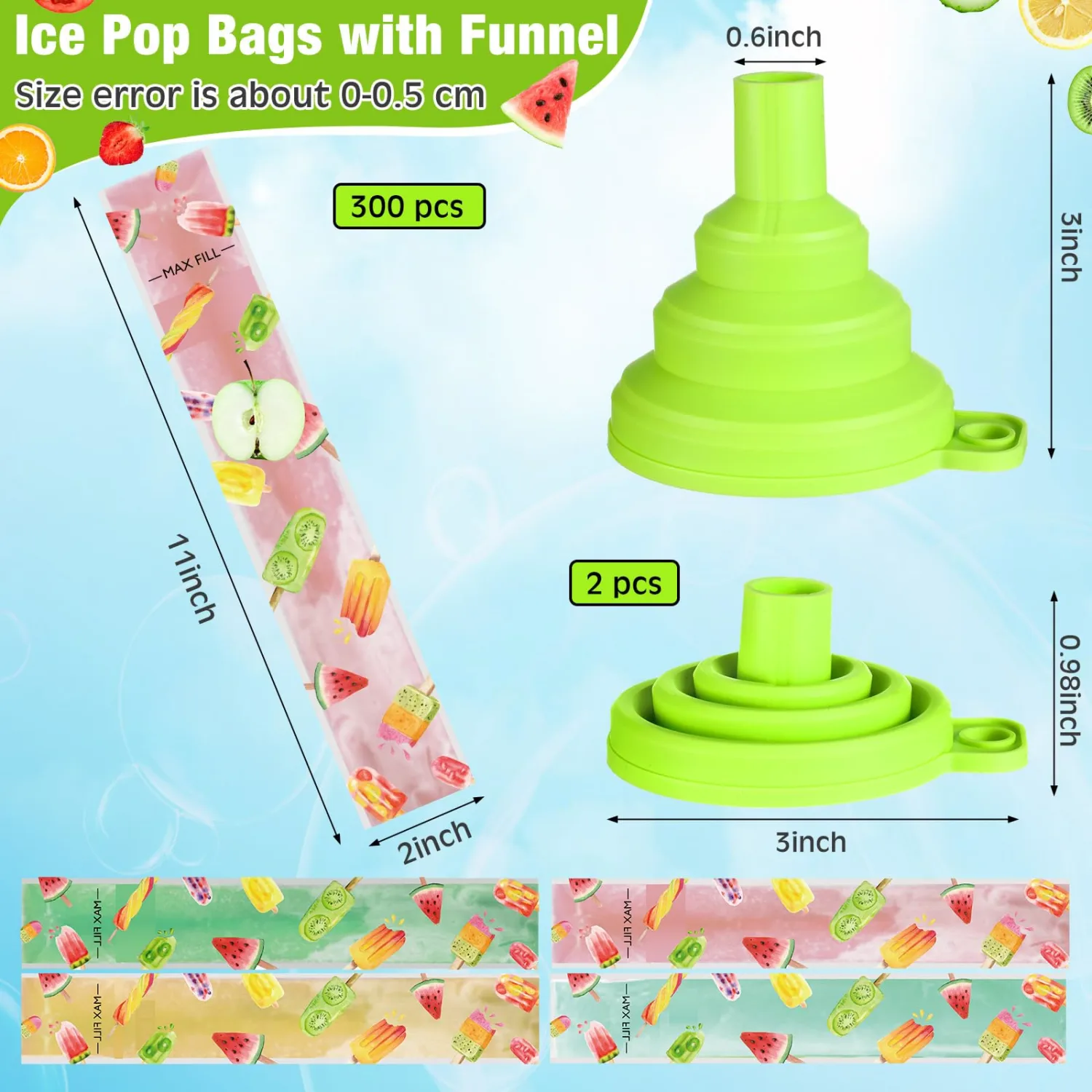300 Pcs Summer Ice Lolly Bags Disposable Ice Pop Bags Summer Fruit Freezer Tubes with Zip Freeze Pop Bag with Funnels for Yogurt Stick Fruit Smoothies Supply