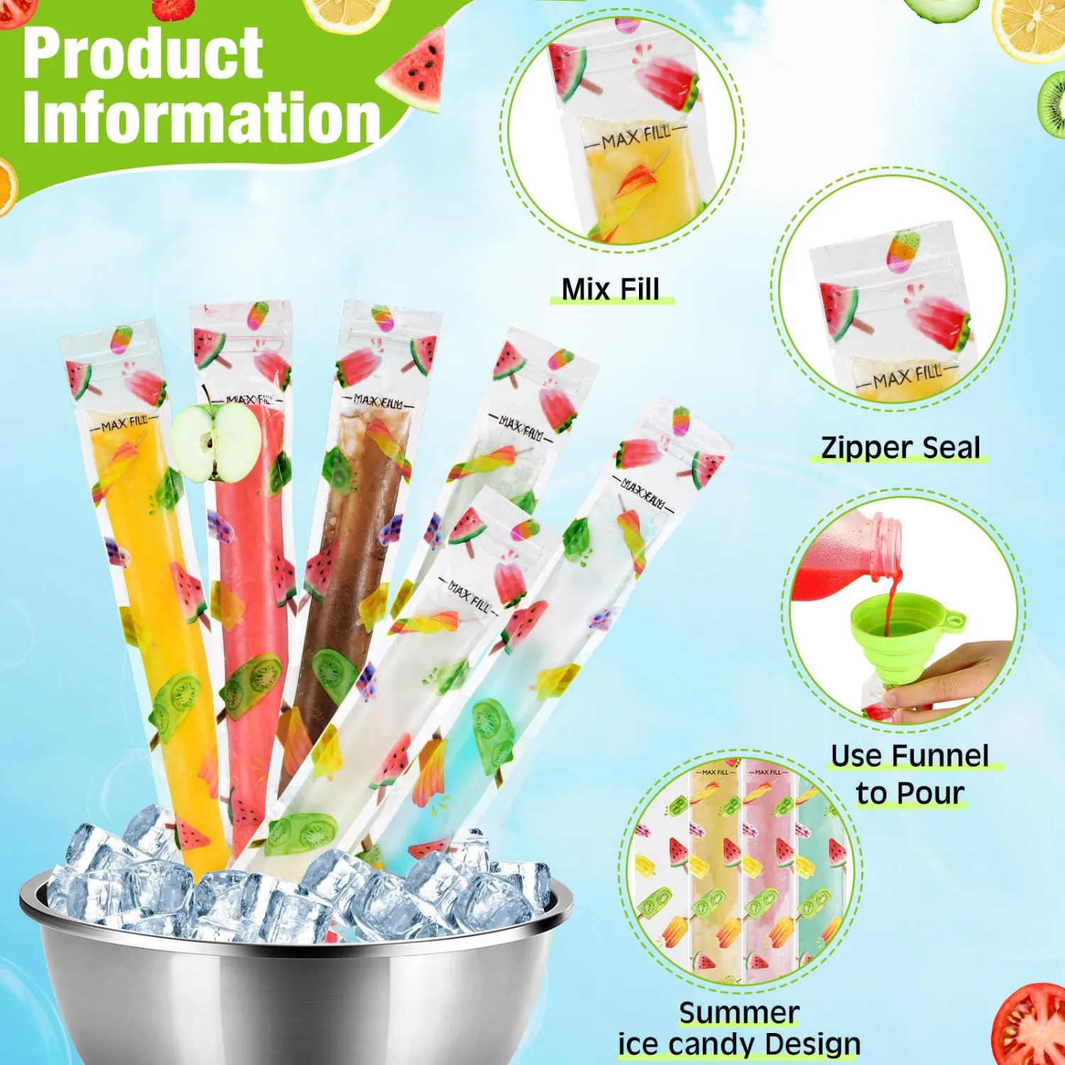 300 Pcs Summer Ice Lolly Bags Disposable Ice Pop Bags Summer Fruit Freezer Tubes with Zip Freeze Pop Bag with Funnels for Yogurt Stick Fruit Smoothies Supply
