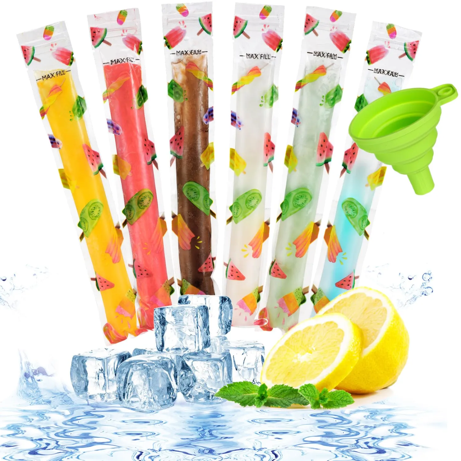 300 Pcs Summer Ice Lolly Bags Disposable Ice Pop Bags Summer Fruit Freezer Tubes with Zip Freeze Pop Bag with Funnels for Yogurt Stick Fruit Smoothies Supply