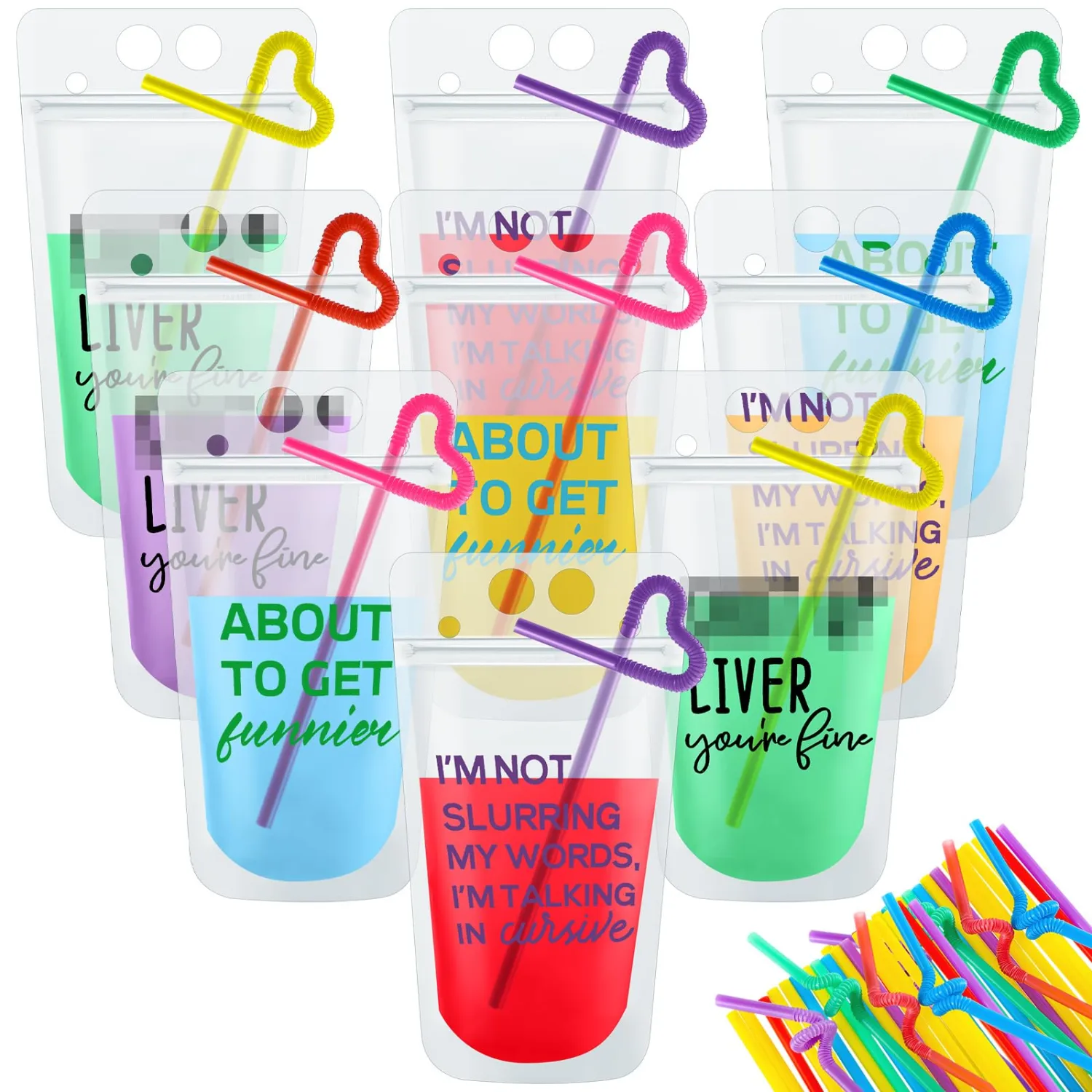 Patelai 24 Sets Drink Pouches with Straws, Juice Pouches for Adults Reusable Smoothie Drink Bags Reclosable Alcohol Bags for Adults Summer Beach Party Supplies (Bright Colors,6 Styles)