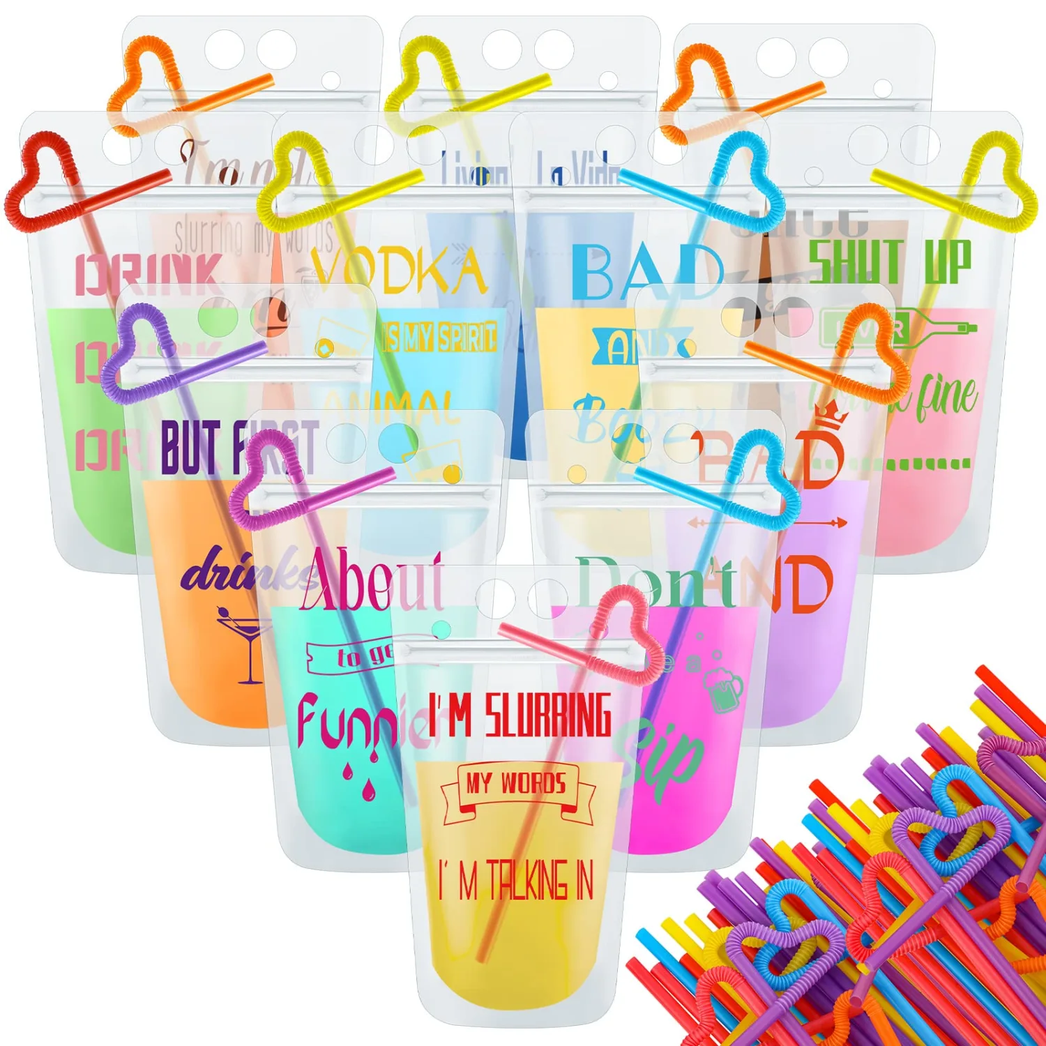Patelai 60 Sets Drink Pouches with Straws, Juice Pouches for Adults Reusable Smoothie Drink Bags Reclosable Alcohol Bags for Adults Summer Beach Party Supplies (Fresh Colors,12 Styles)