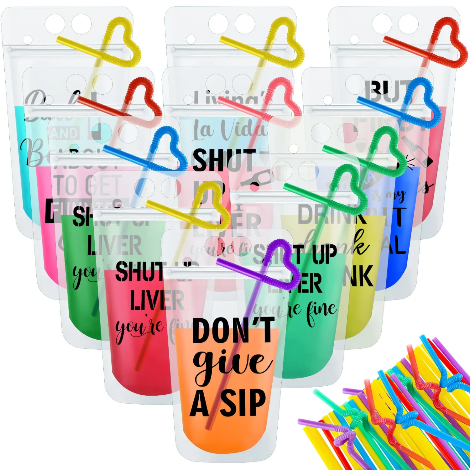 Patelai 36 Sets Drink Pouches with Straws, Juice Pouches for Adults Reusable Smoothie Drink Bags Reclosable Alcohol Bags for Adults Summer Beach Party Supplies (Black, 9 Styles)