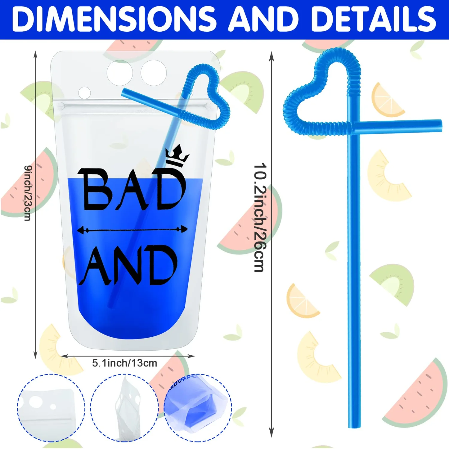 Patelai 60 Sets Drink Pouches with Straws, Juice Pouches for Adults Reusable Smoothie Drink Bags Reclosable Alcohol Bags for Adults Summer Beach Party Supplies (Black,12 Styles)