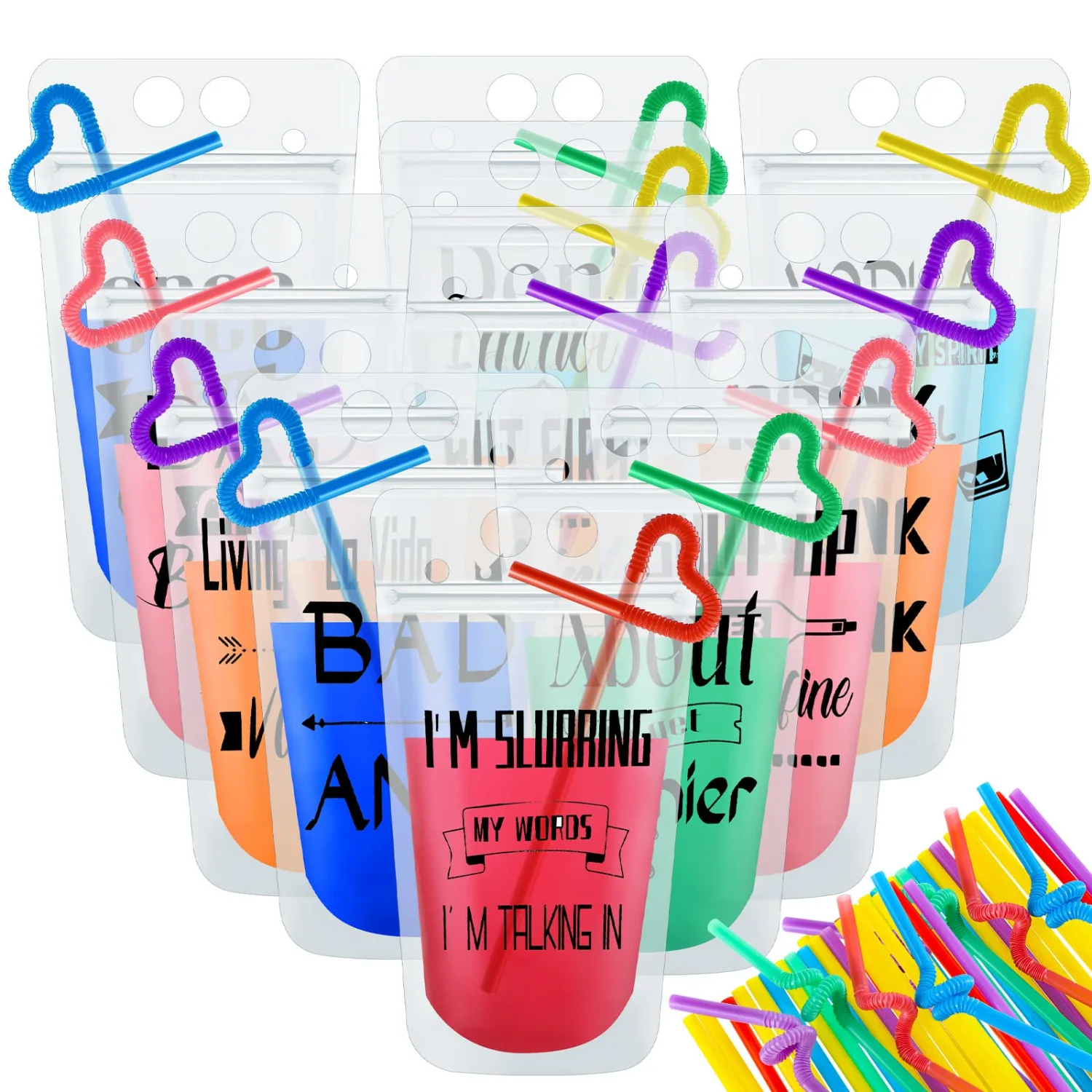 Patelai 60 Sets Drink Pouches with Straws, Juice Pouches for Adults Reusable Smoothie Drink Bags Reclosable Alcohol Bags for Adults Summer Beach Party Supplies (Black,12 Styles)