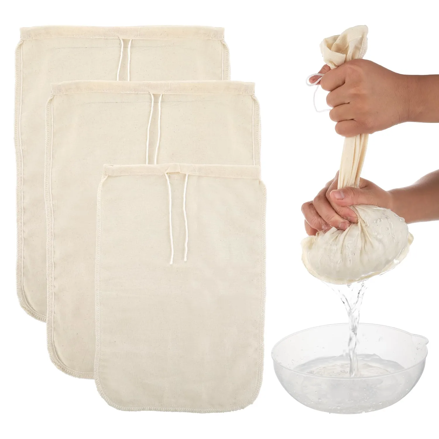 3 Pack Cotton Nut Milk Bags Fine Mesh Reusable Cheese Cloth Food Yogurt Strainer Cheesecloth Bag Cold Brew Bags for Cheese Making Coffee Straining Juice Juicing