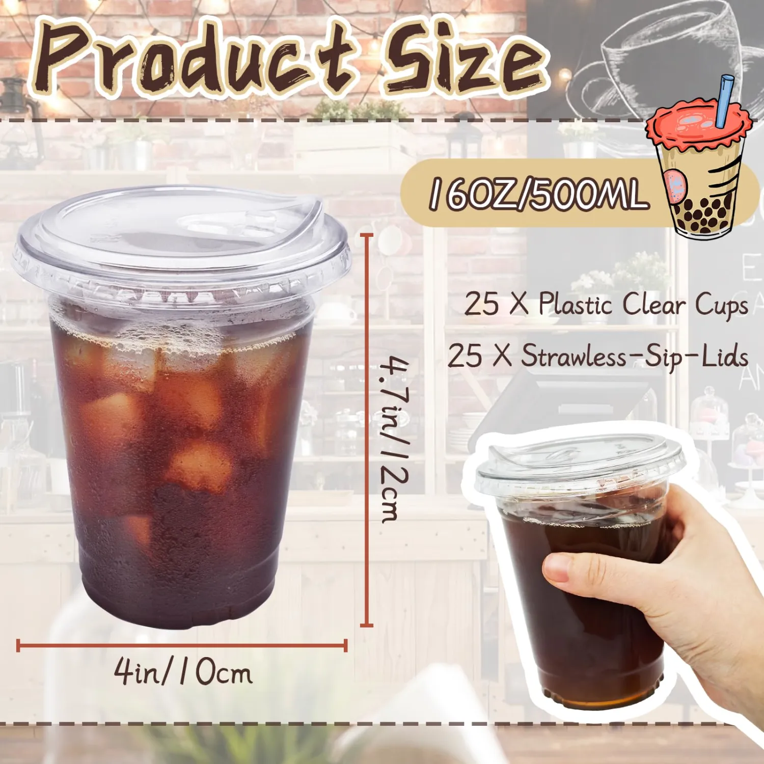 16 Oz Plastic Clear Cups with Strawless-Sip-Lids,25 Sets Plastic Cups with Sip Through Lids,Disposable Iced Coffee Cups for Milkshake,Smoothie,Cold Drinks