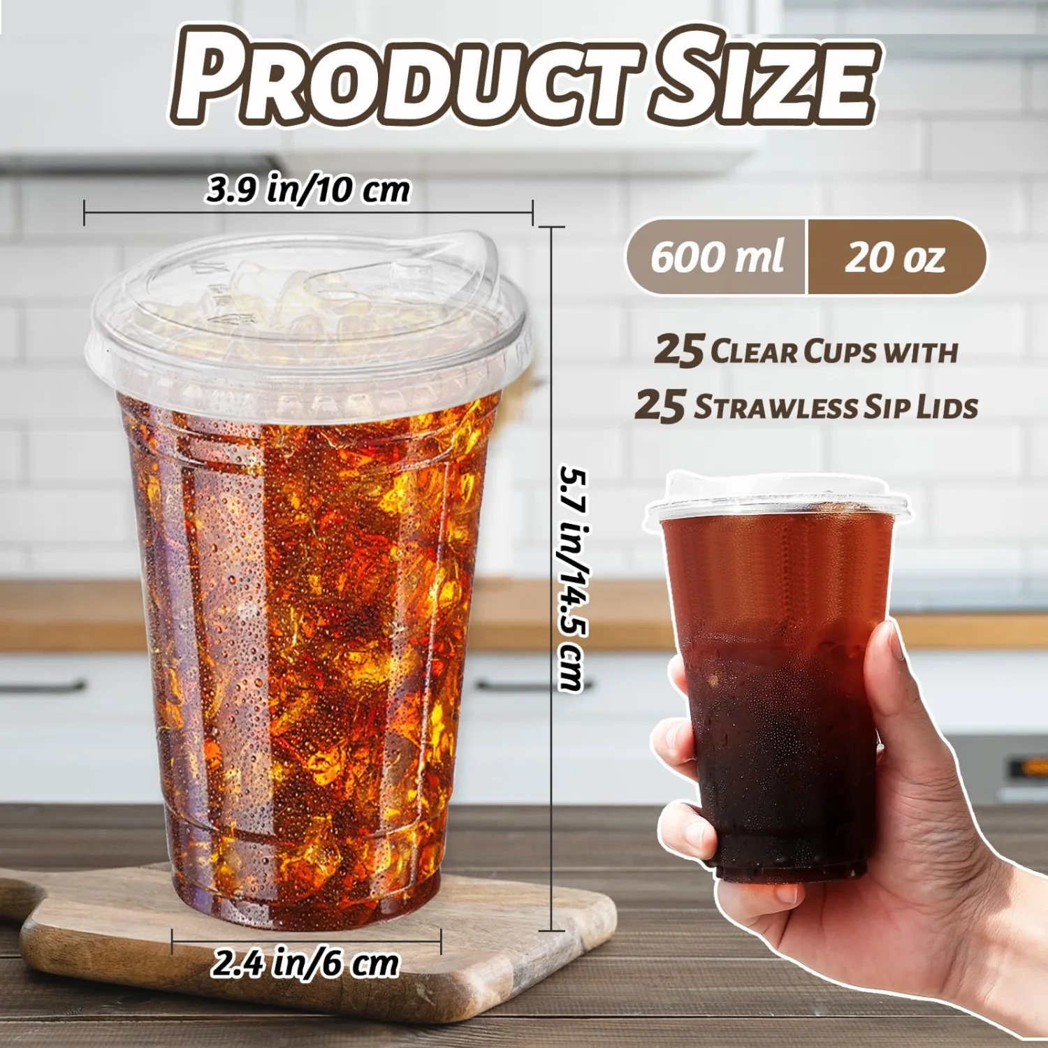 20 oz Clear Plastic Cups with Strawless Sip Lids,25 Sets Disposable Iced Coffee Cups with Lids,Disposable Clear Plastic Cup with Lid for Iced Coffee,Smoothie,Cold Drinks for Party