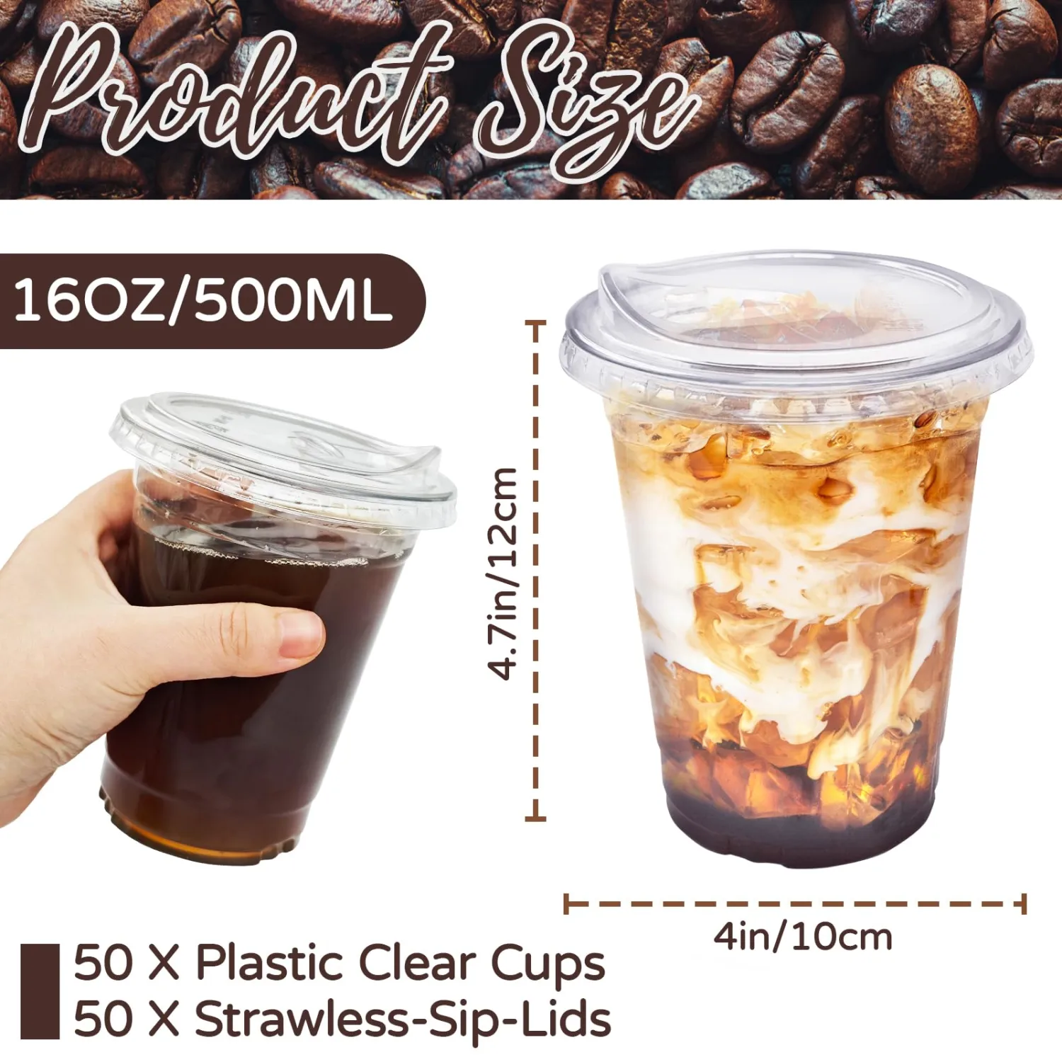 16 Oz Plastic Clear Cups with Strawless-Sip-Lids,50 Sets Disposable Iced Coffee Drink Cup with Sip Through Lids,Disposable Clear Plastic Cups with Lid for Smoothie,Milkshake,Cold Drinks