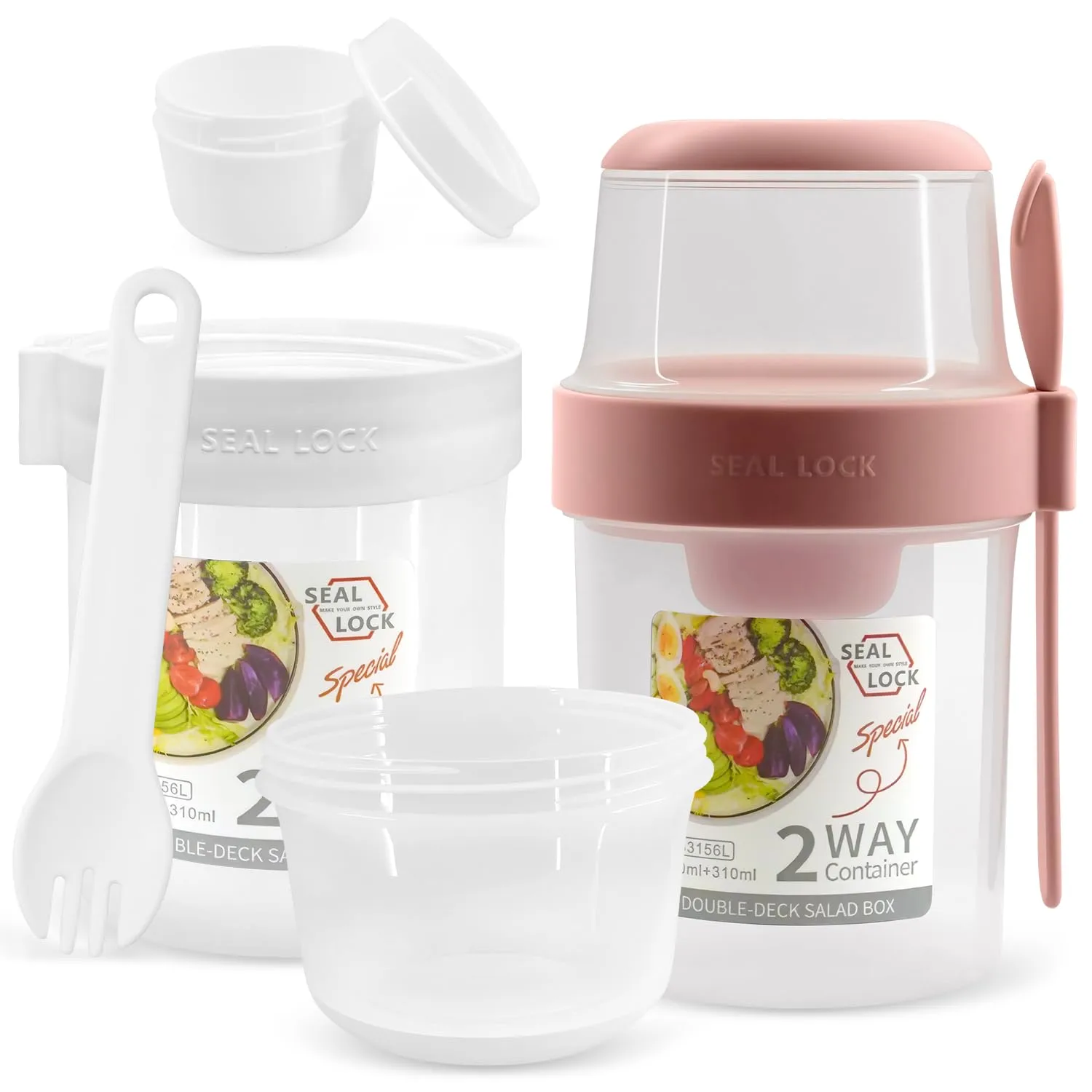 2 Pack Reusable 29.5 oz Yogurt Parfait Cups with Lids & Topping Compartment - Overnight Oats Containers with Spoon, Portable Breakfast Meal Prep Containers, Lightweight & Leakproof (White & Pink)