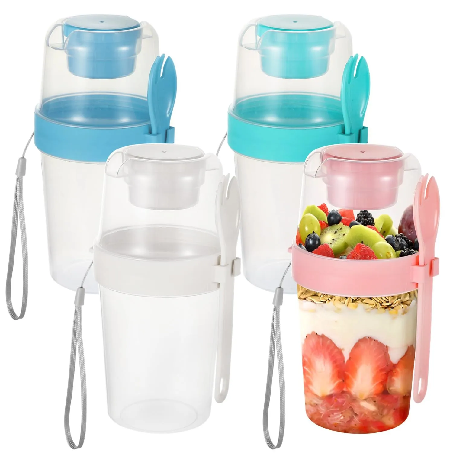 4 PCS Parfait Cups with Lids, Clear Plastic Yogurt Parfait Cup with Spork, Portable Fruit and Salad Container, Light Meals On-the-Go