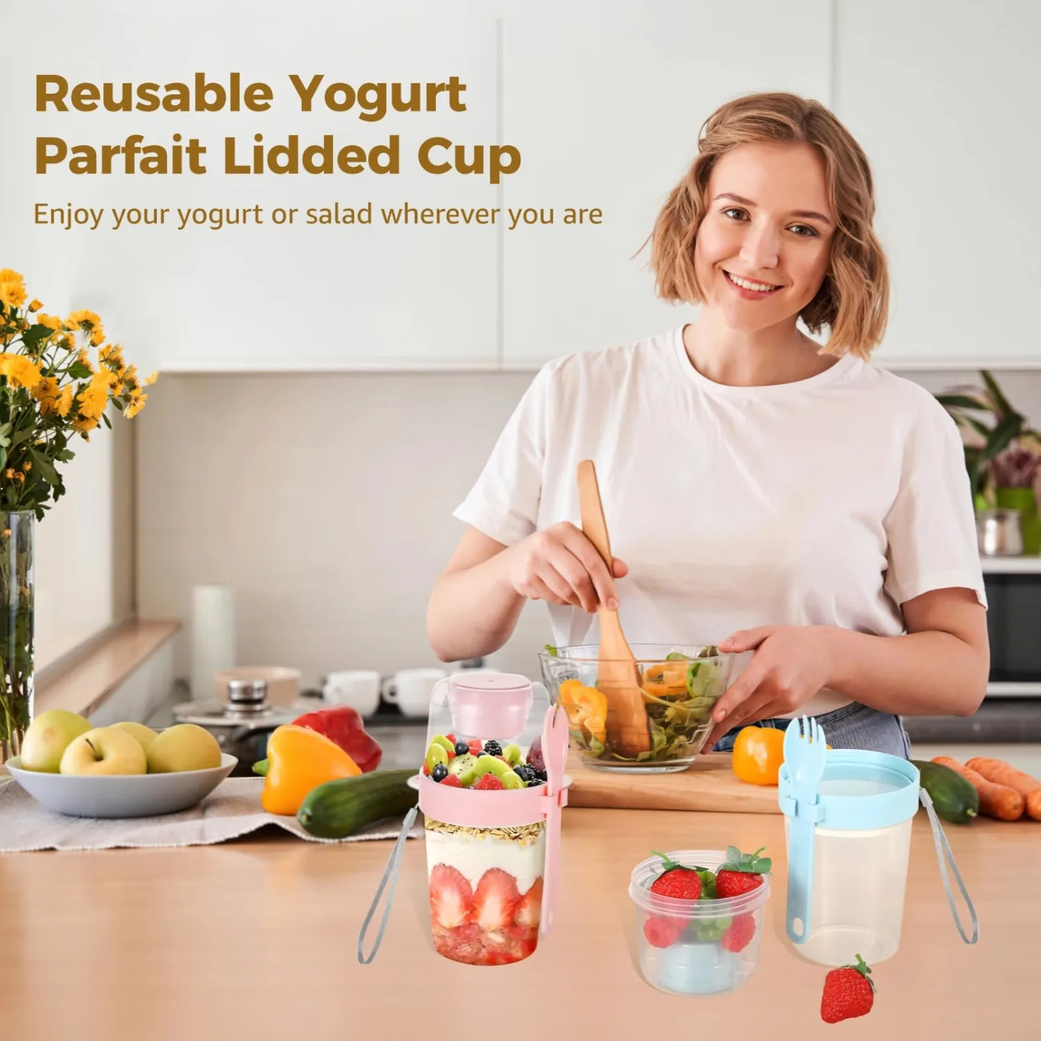 4 PCS Parfait Cups with Lids, Clear Plastic Yogurt Parfait Cup with Spork, Portable Fruit and Salad Container, Light Meals On-the-Go
