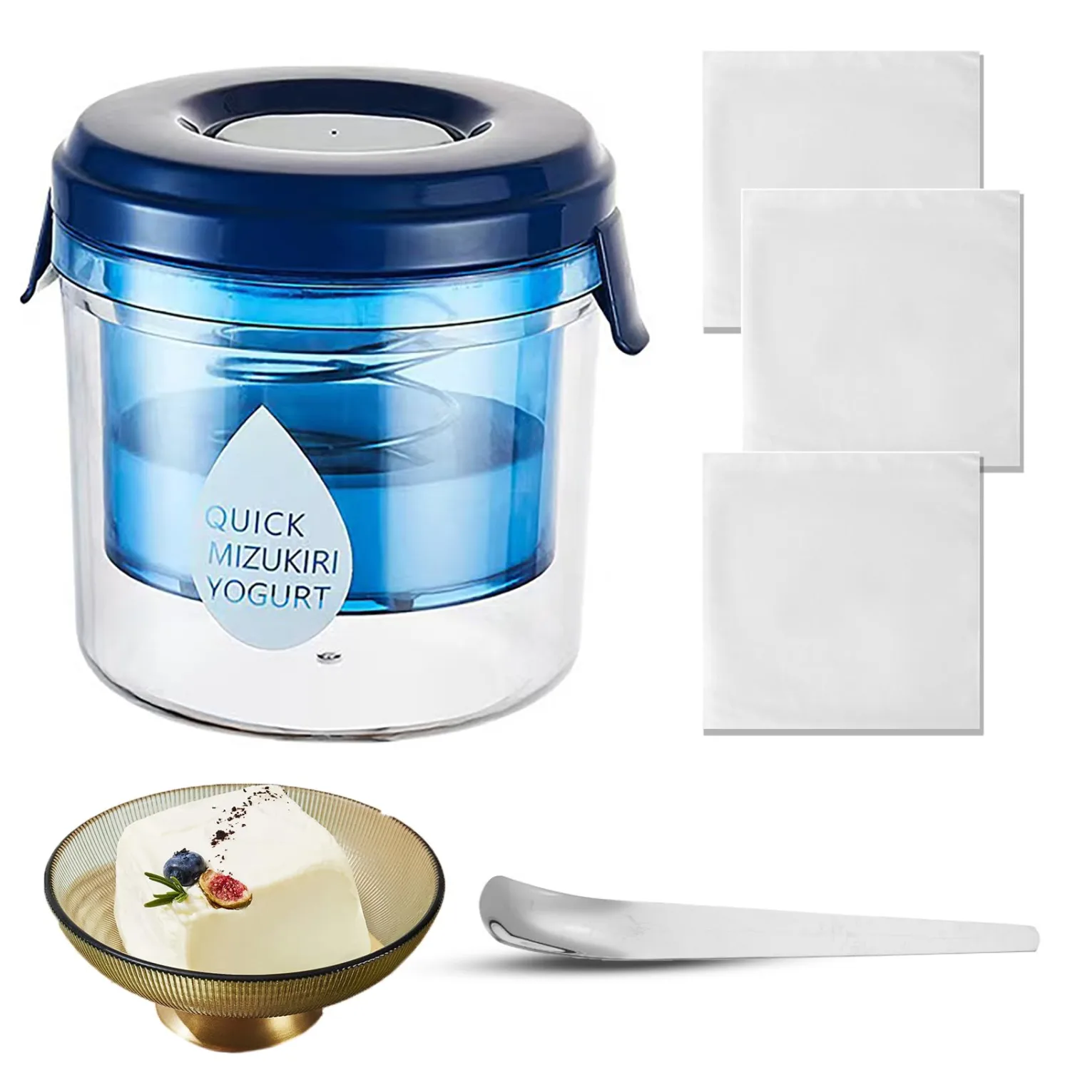 Greek Yogurt Strainer with Lid, Small Greek Yogurt Maker, Reusable Yogurt Filter with 3PCS Straining Cloth and 1 Yoghurt Spoon, to Makes Small Batches of Thick Creamy Greek or Coconut Yogurt