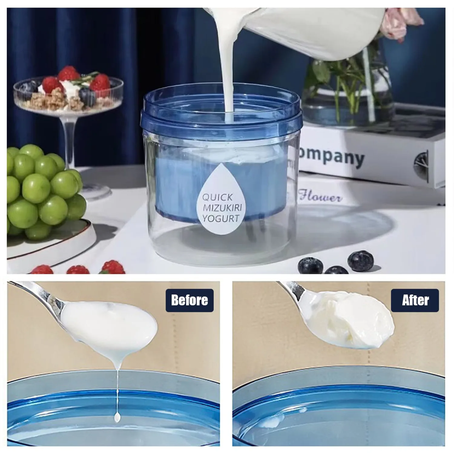Greek Yogurt Strainer with Lid, Small Greek Yogurt Maker, Reusable Yogurt Filter with 3PCS Straining Cloth and 1 Yoghurt Spoon, to Makes Small Batches of Thick Creamy Greek or Coconut Yogurt