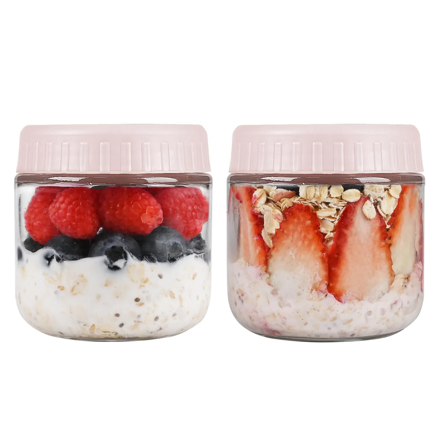 Overnight Oats Containers with Lids, 10oz Glass Jars with Lids 2 pcs, Pink, Wide Mouth Mason jars for Salad, Yogurt, Snacks, Meal Prep