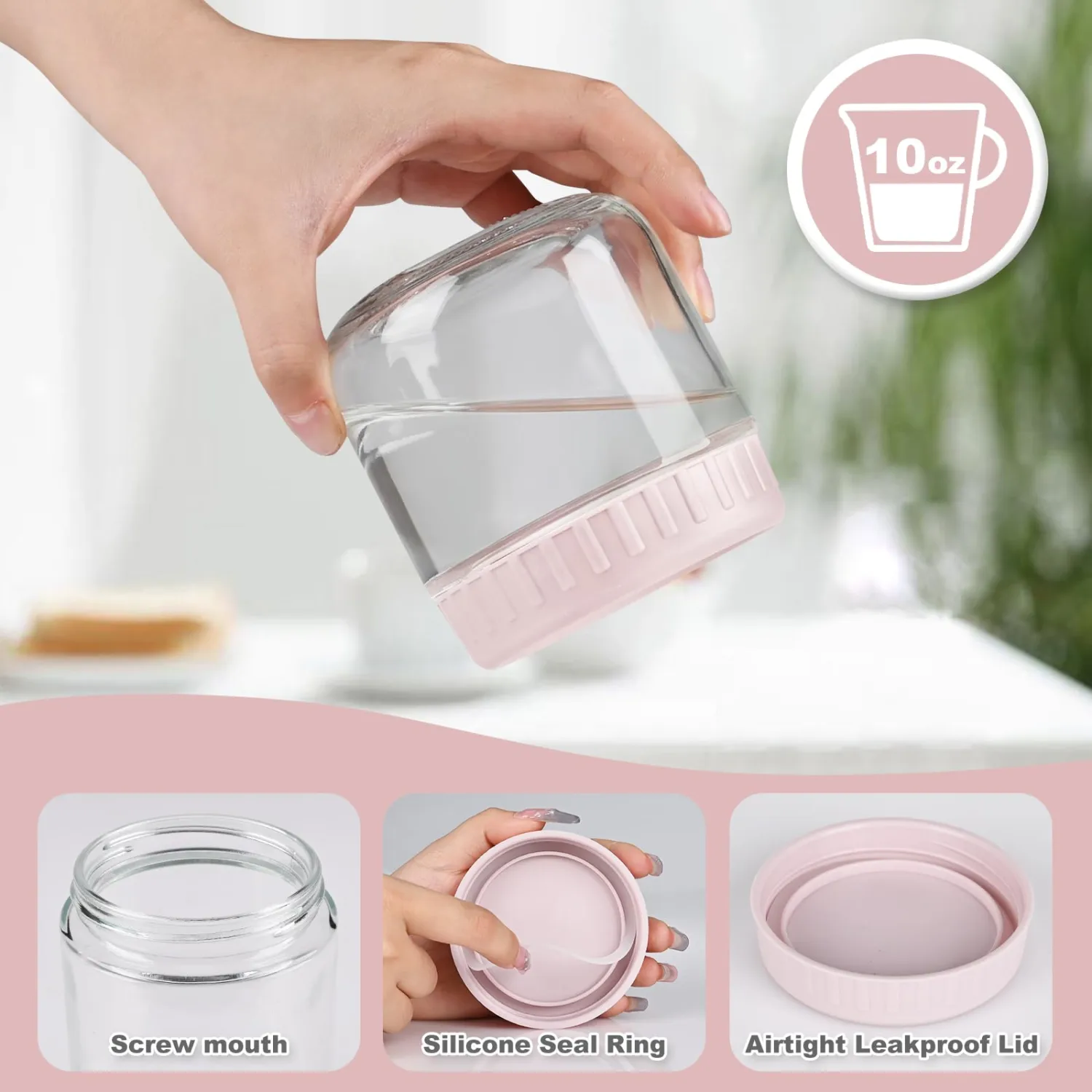 Overnight Oats Containers with Lids, 10oz Glass Jars with Lids 2 pcs, Pink, Wide Mouth Mason jars for Salad, Yogurt, Snacks, Meal Prep