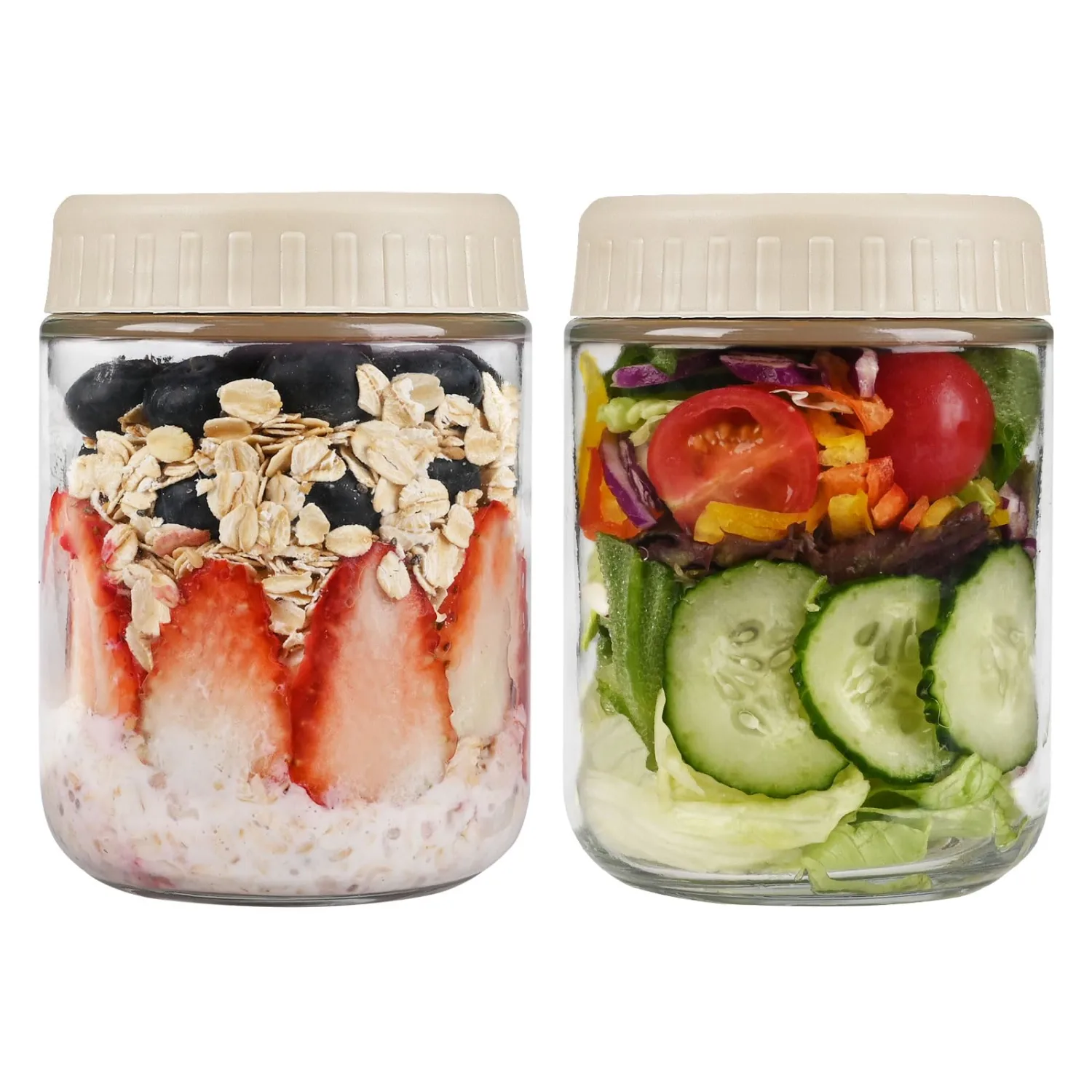 Overnight Oats Containers with Lids, 16oz Glass Jars with Lids 2 pcs, Apricot, Wide Mouth Mason Jars for Salad, Yogurt, Snacks, Meal Prep