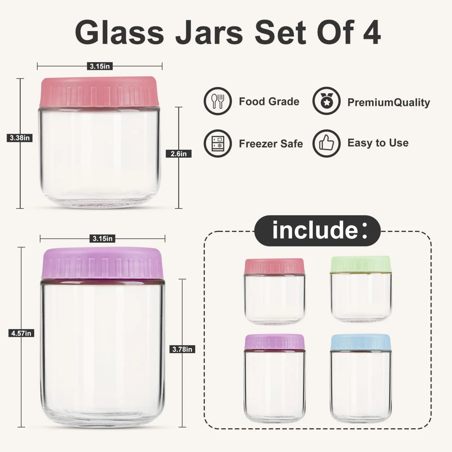 Overnight Oats Containers with Lids, Glass Jars with Lids 4 pcs, Candy, Wide Mouth Mason jars for Salad, Yogurt, Snacks, Meal Prep