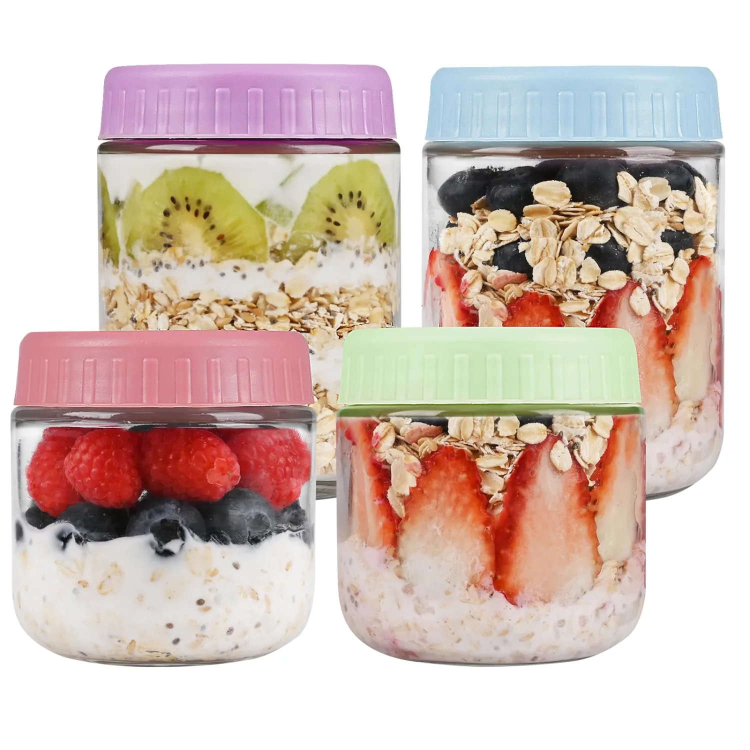 Overnight Oats Containers with Lids, Glass Jars with Lids 4 pcs, Candy, Wide Mouth Mason jars for Salad, Yogurt, Snacks, Meal Prep