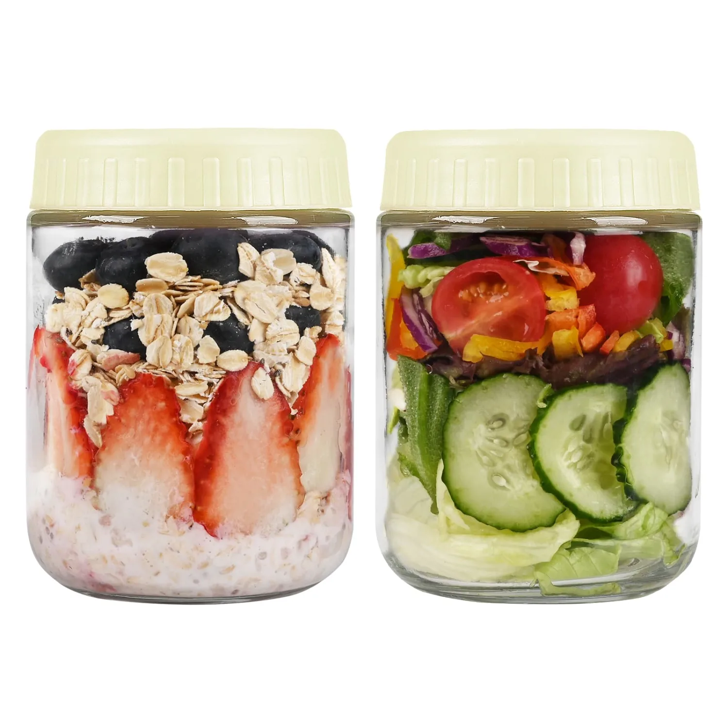 Overnight Oats Containers with Lids, 16oz Glass Jars with Lids 2 pcs, Milk White, Wide Mouth Mason jars for Salad, Yogurt, Snacks, Meal Prep