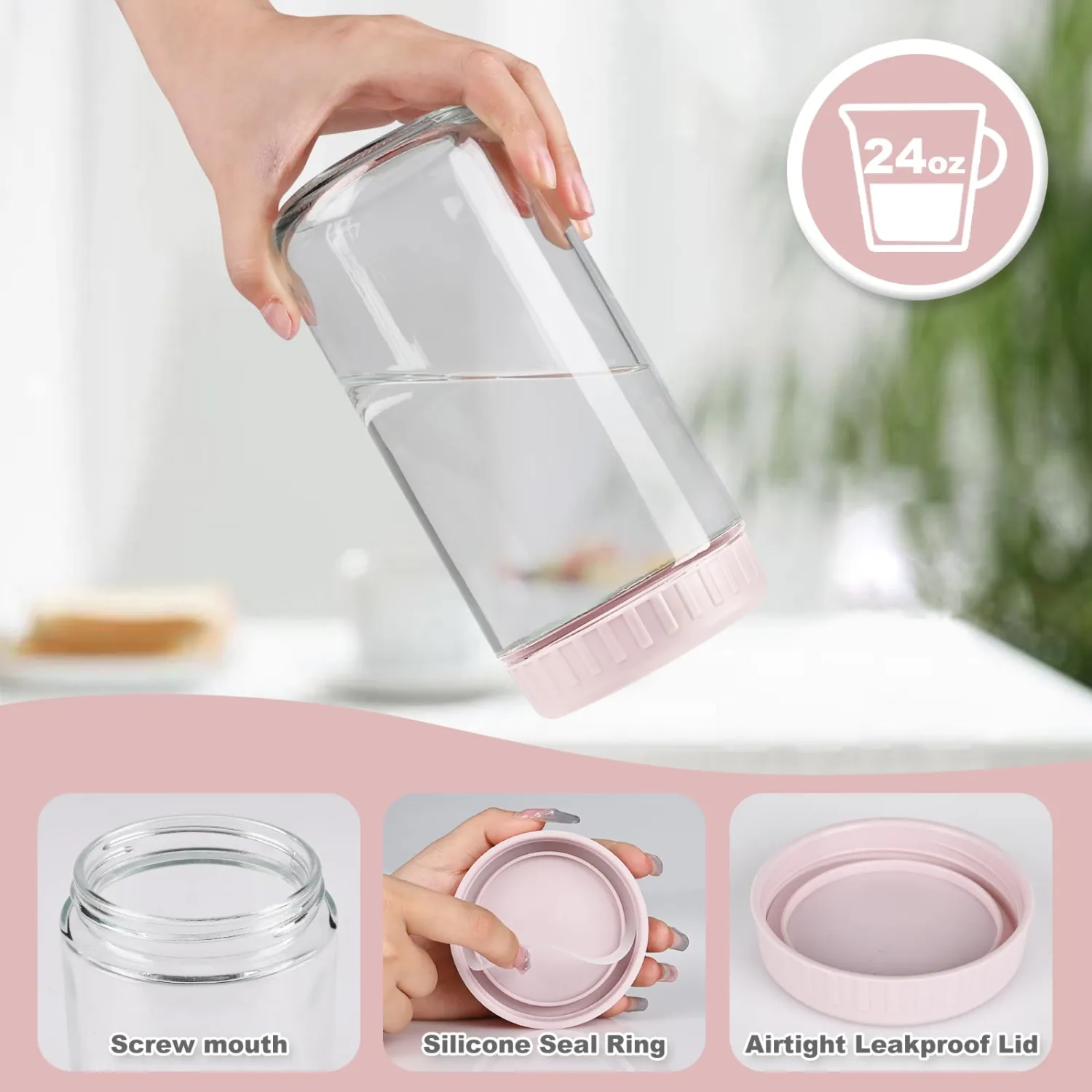 Overnight Oats Containers with Lids, 24oz Glass Jars with Lids 2 pcs, Pink, Wide Mouth Mason jars for Salad, Yogurt, Snacks, Meal Prep