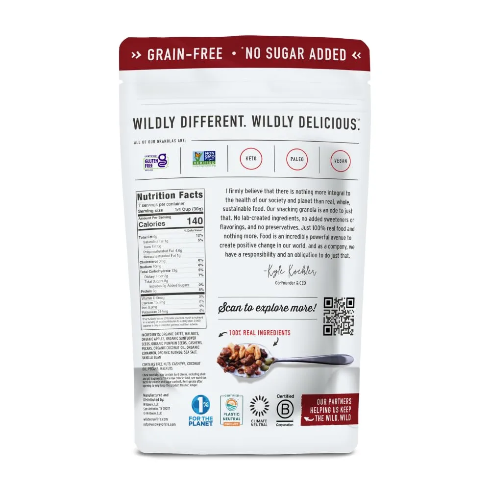 Wildway Keto Granola with Organic Ingredients | Apple Cinnamon | Grain-Free, Gluten-Free Cereal | Vegan, Low Carb & No Sugar Added | Paleo-Friendly, Non-GMO | Nutrient-Rich Fruit & Nut Snack | 8oz
