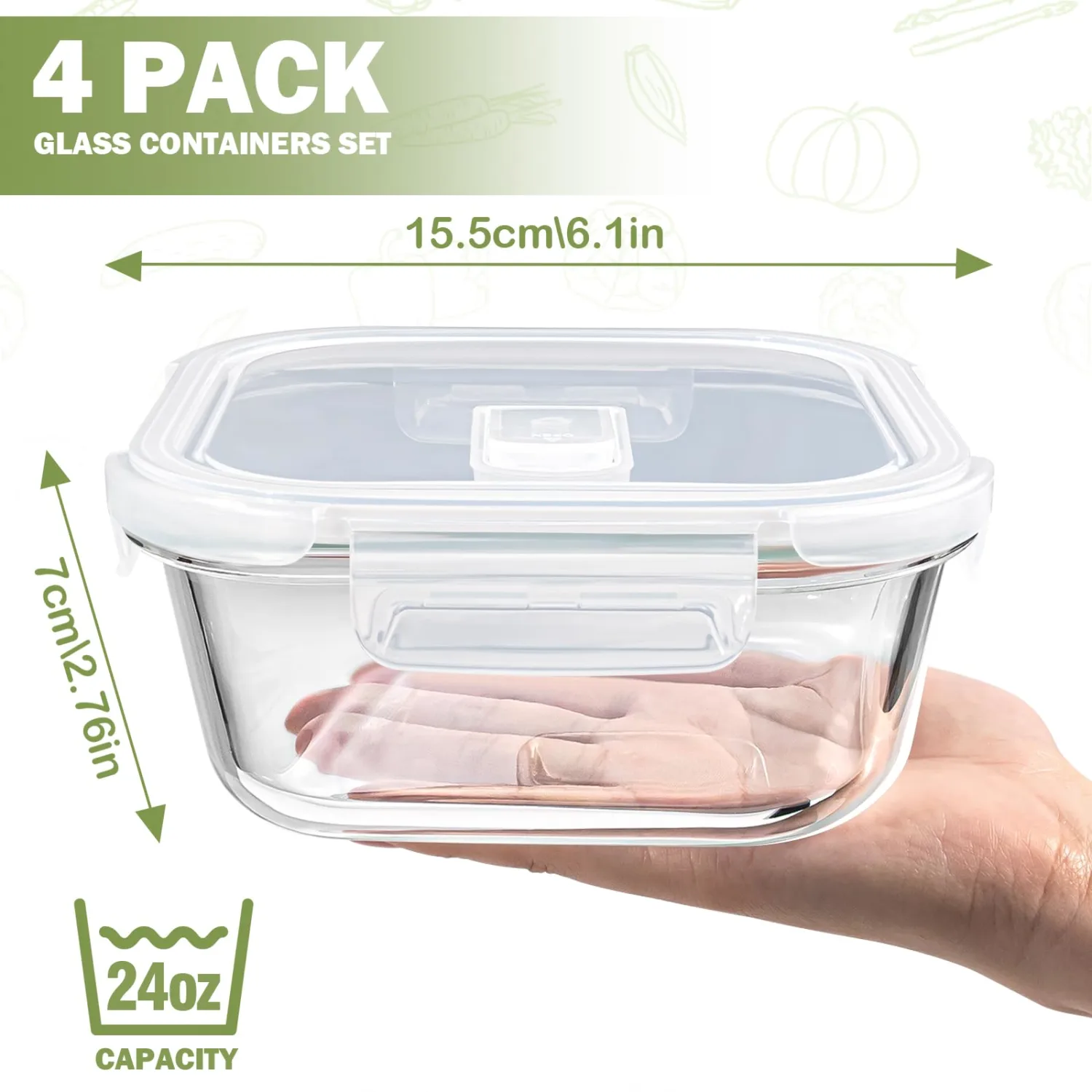 Small Glass Containers with Lids Square, 3 Cup Borosilicate Glass Food Storage Containers with Lid for Sandwiches, Snacks, Meal Prep, Yogurt Glass Bowl with Lids - Oven, Microwave & Freezer Safe 24 oz