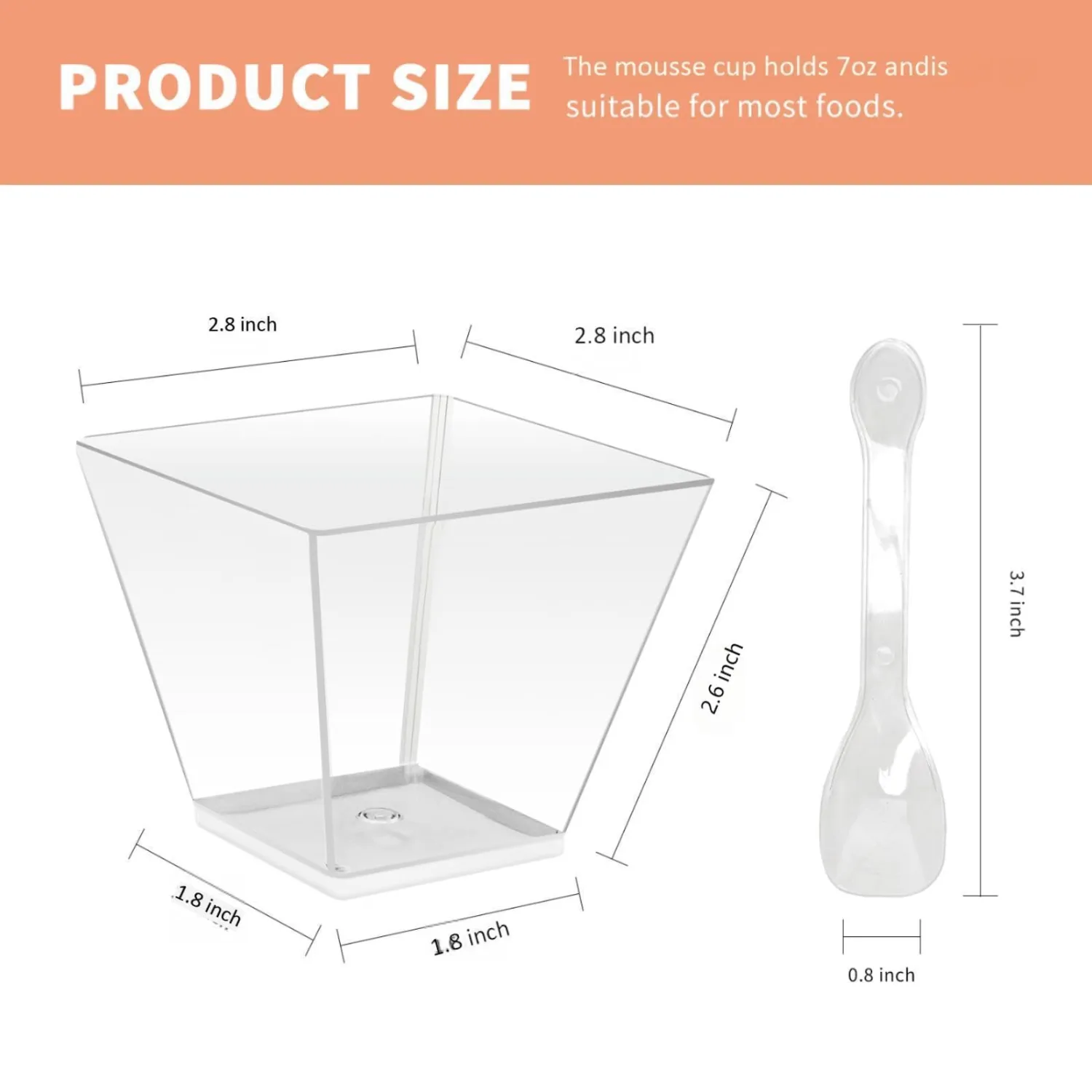 50 Pack 7 oz Clear Plastic Square Dessert Bowls with Spoons，Mini Disposable Parfait Cups for Yogurt, Ice Cream and Tasting，Serving Cups for Appetizer，Pudding，Party (7 oz)