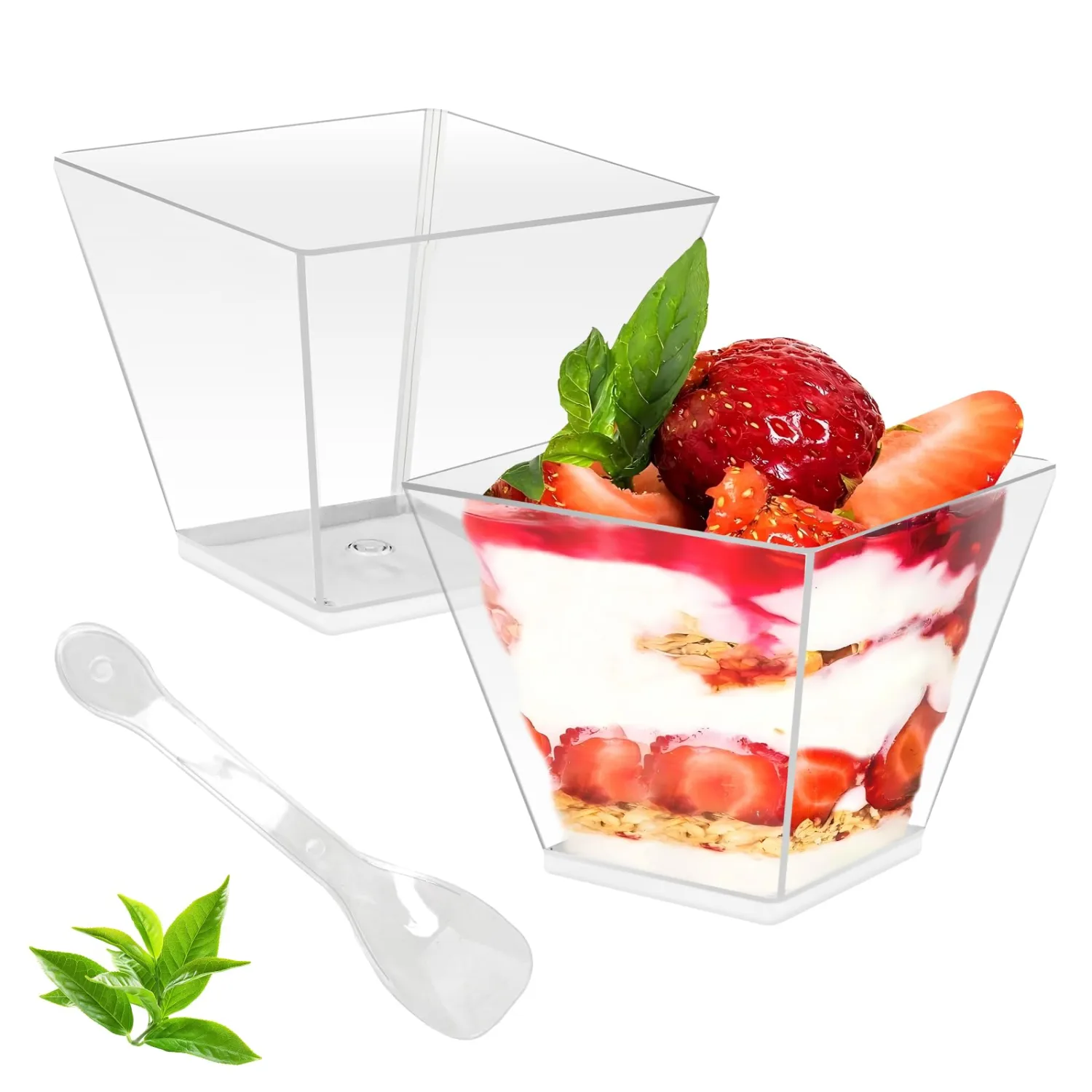 50 Pack 7 oz Clear Plastic Square Dessert Bowls with Spoons，Mini Disposable Parfait Cups for Yogurt, Ice Cream and Tasting，Serving Cups for Appetizer，Pudding，Party (7 oz)